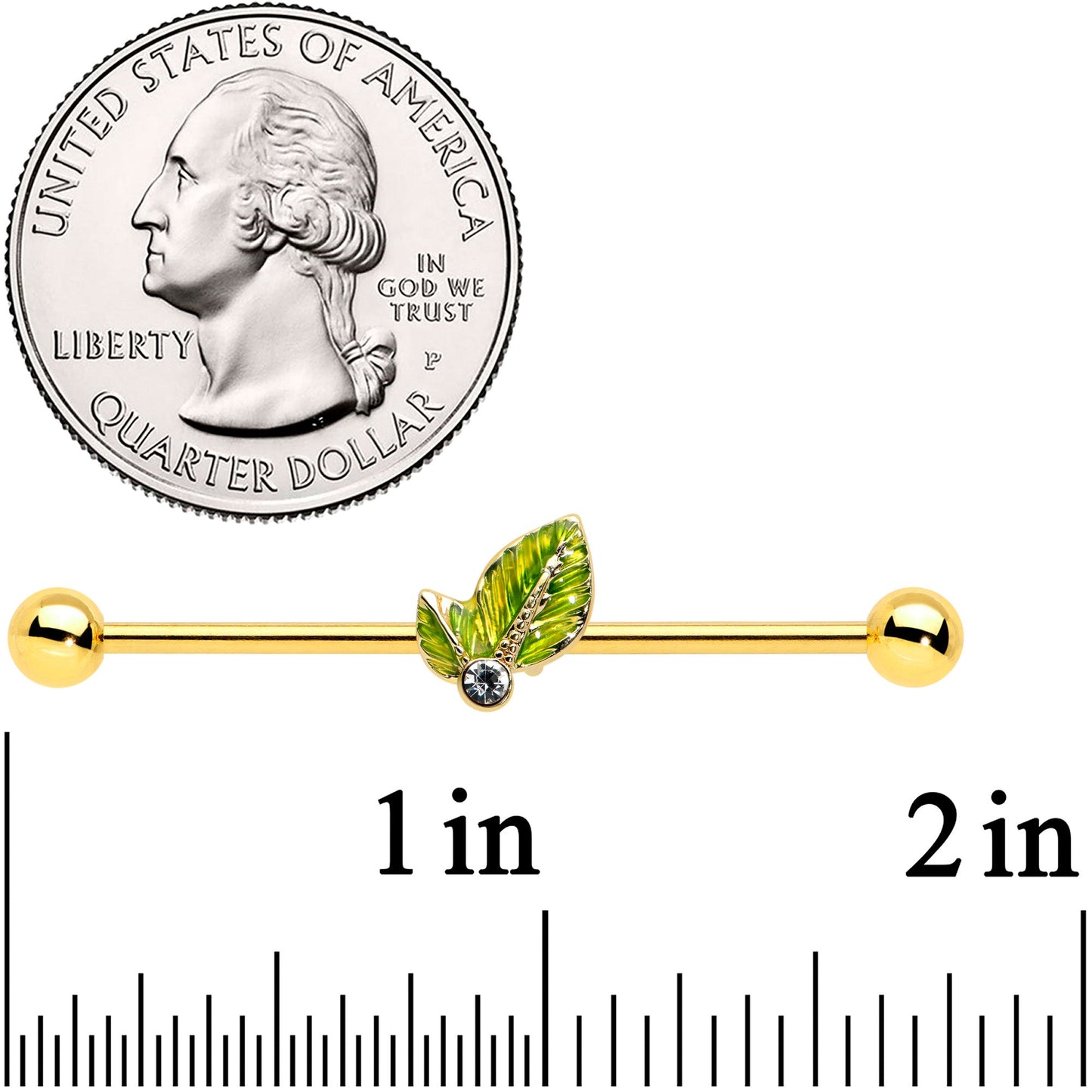 14G Clear Gem Gold Tone Lush Green Leaves Industrial Barbell 38mm