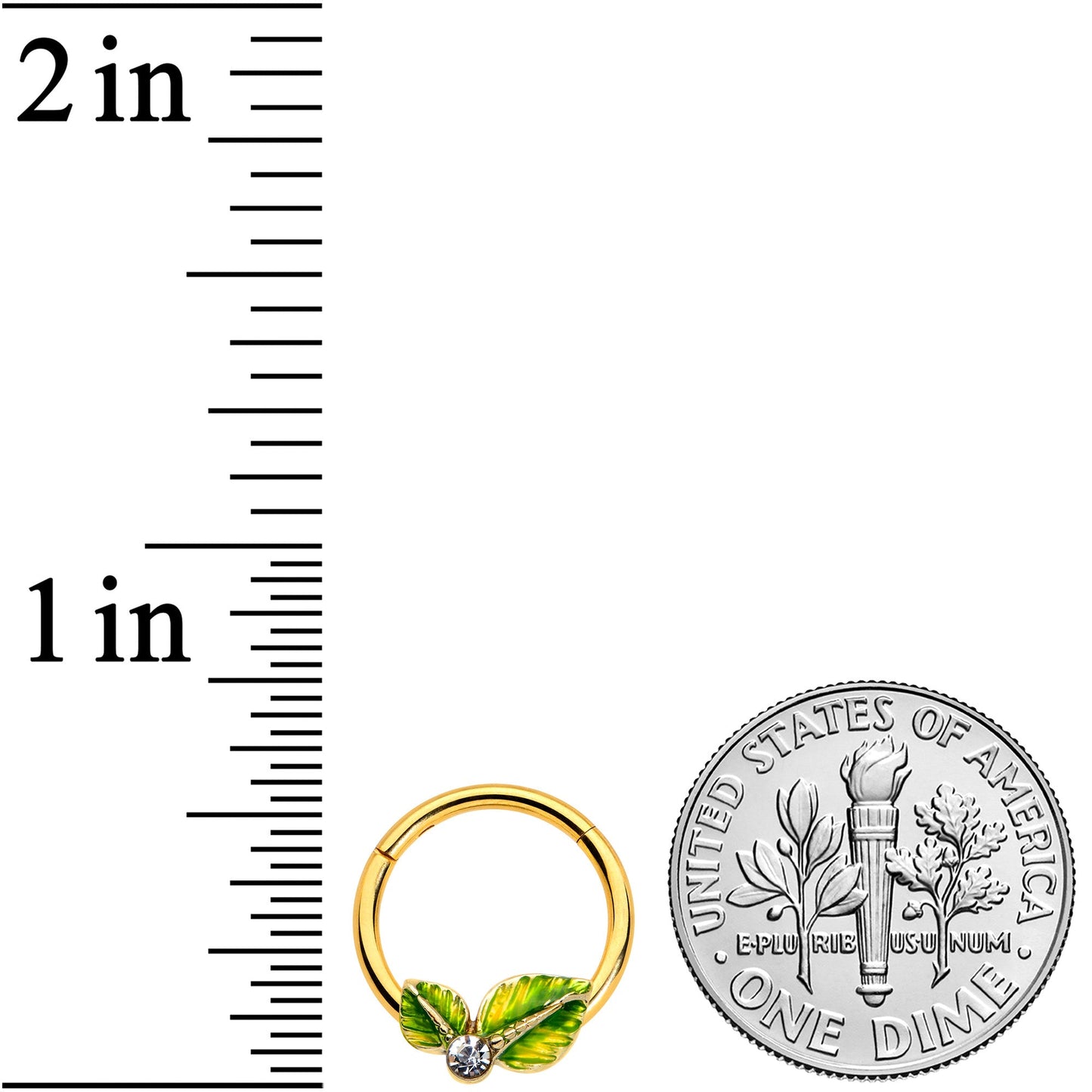 16G 3/8 Clear Gem Gold Tone Lush Green Leaves Hinged Segment Ring