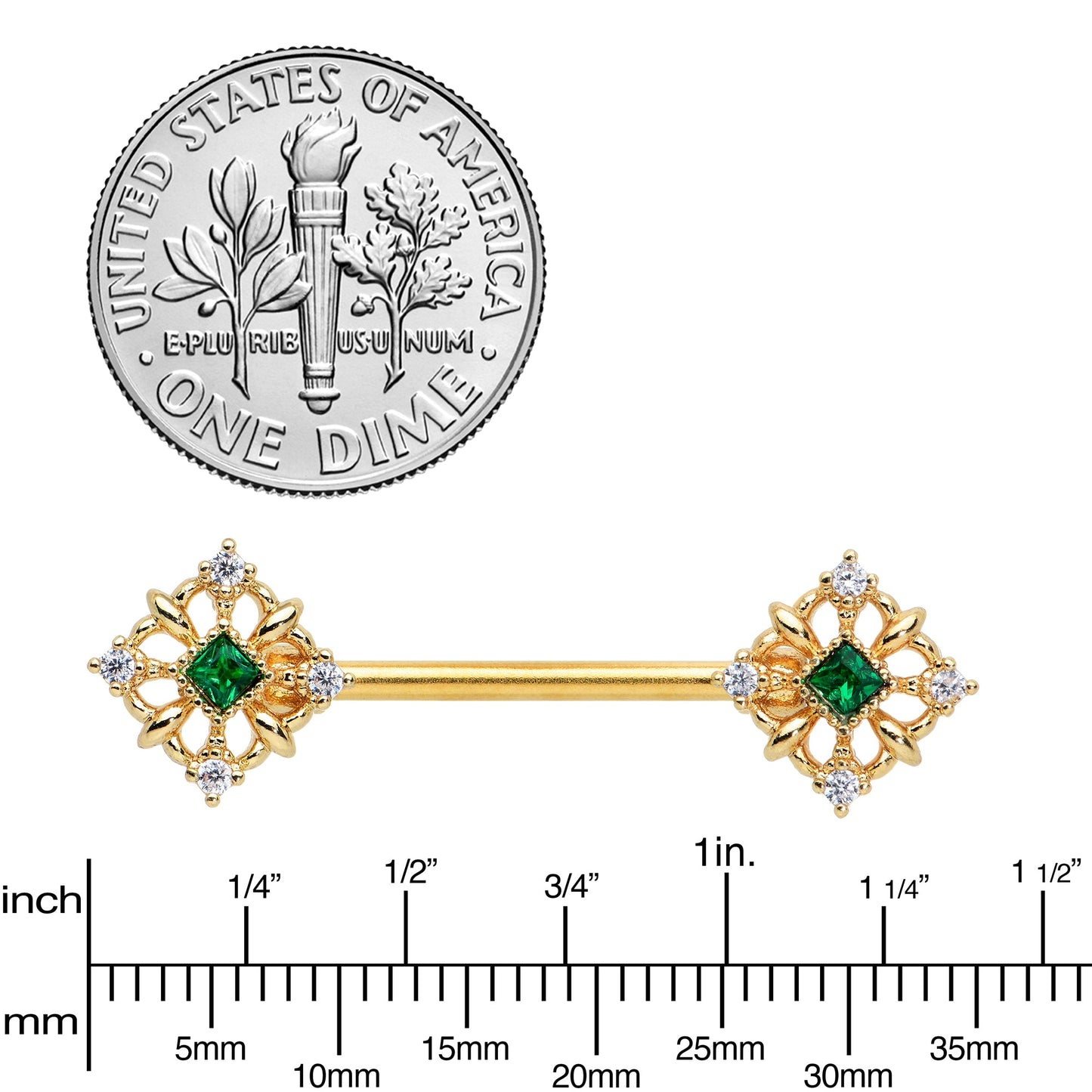 14G 9/16 Green Gem Gold Tone Noble Square Barbell Nipple Ring Set