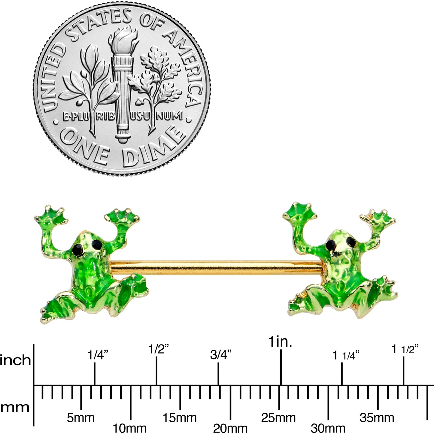 14G 9/16 Gold Tone Green Tree Frog Barbell Nipple Ring Set