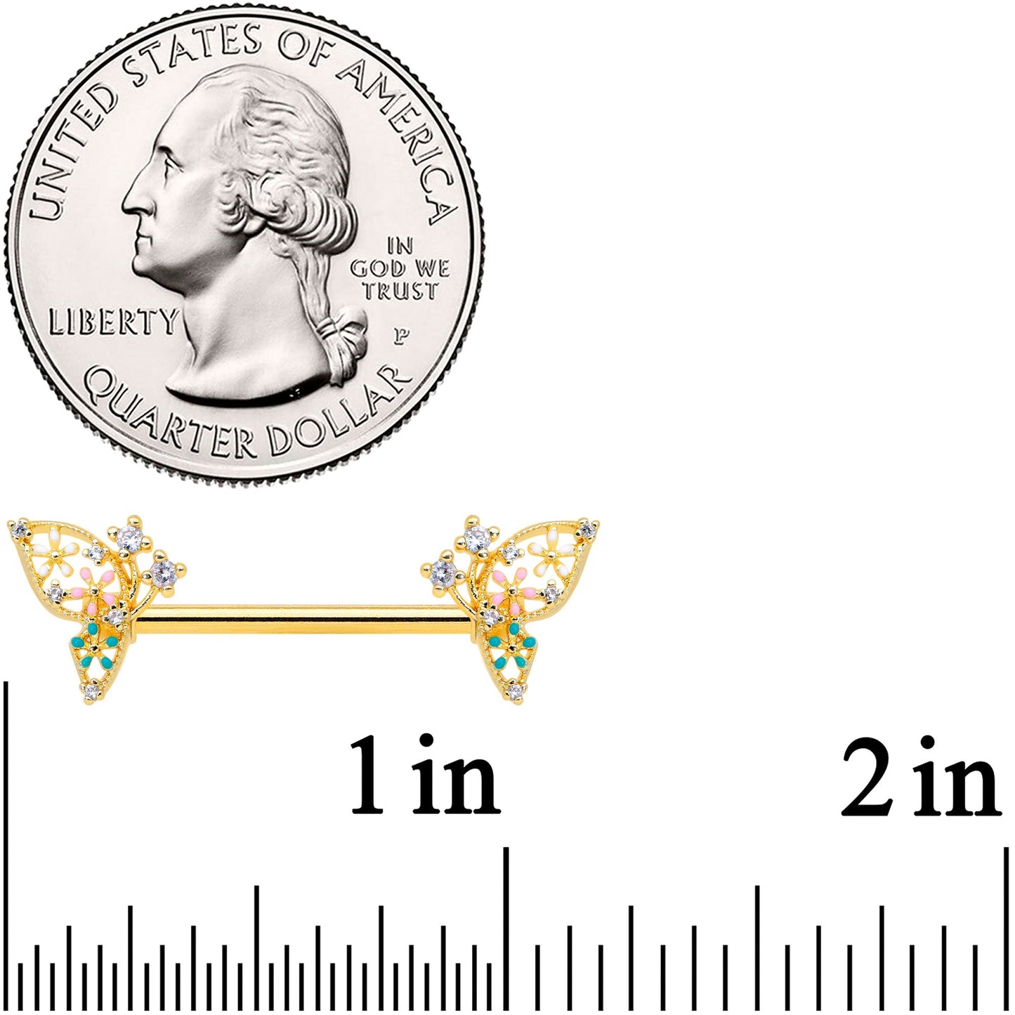 14G 9/16 Clear CZ Gem Gold Hue Abstract Butterfly Nipple Ring Set