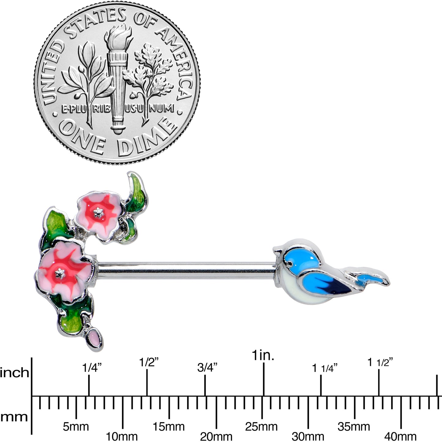14G 9/16 Happy Blue Bird Pink Flowers Barbell Nipple Ring Set