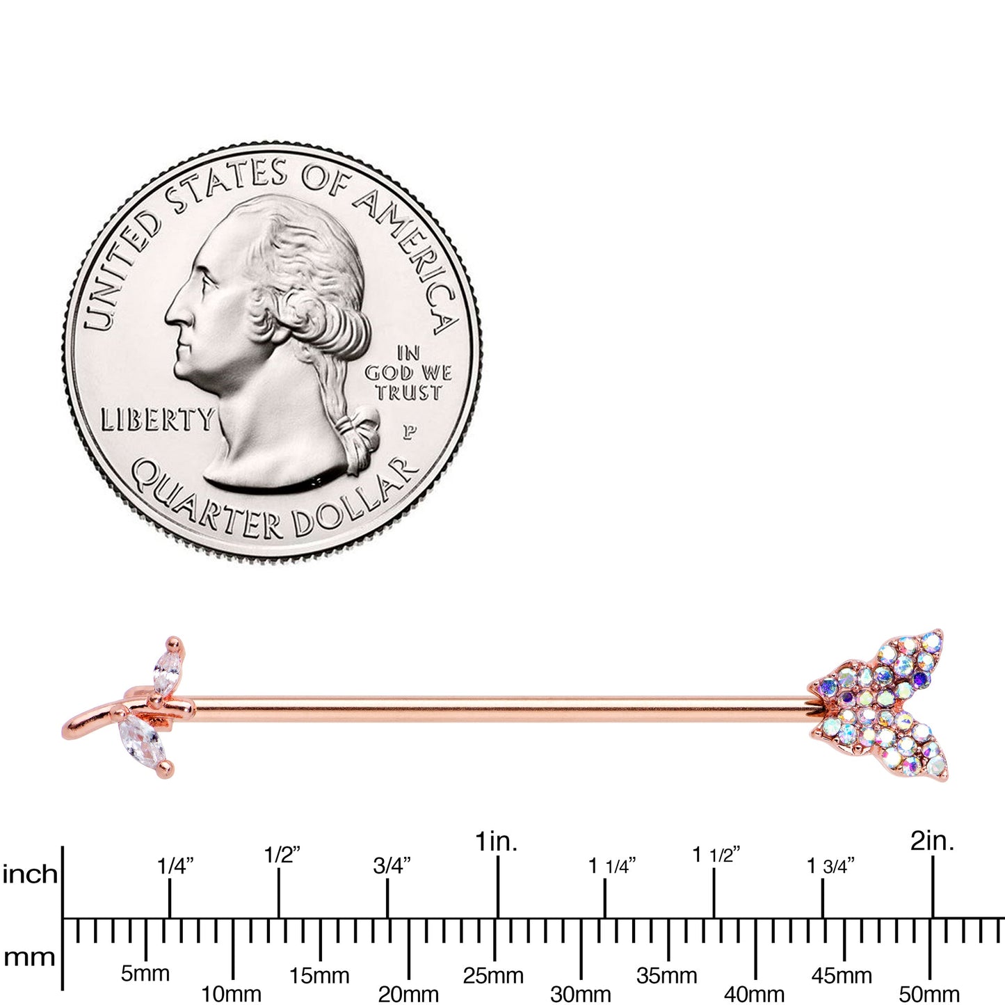 14G Aurora CZ Rose Gold Tone Butterfly Industrial Barbell 38mm