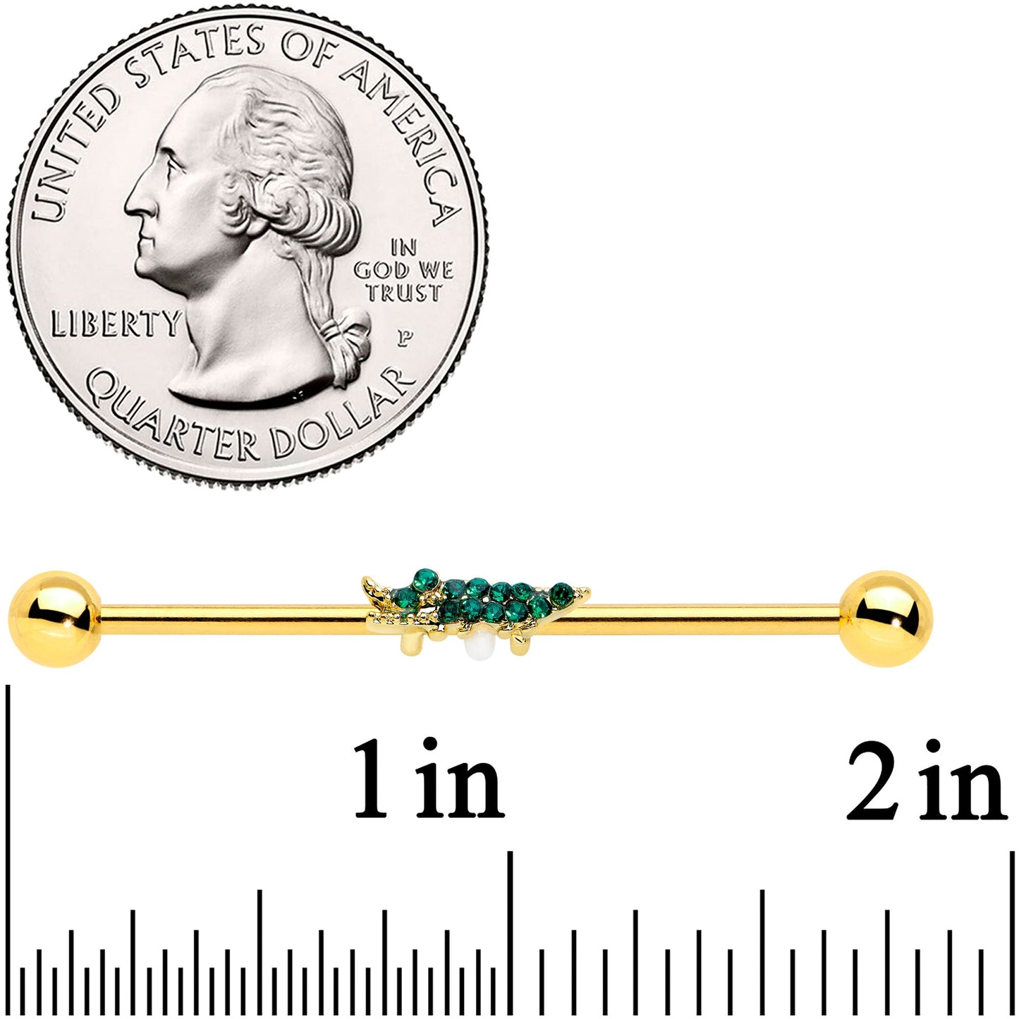 14G Green Gem Gold Tone Tropical Gator Industrial Barbell 38mm