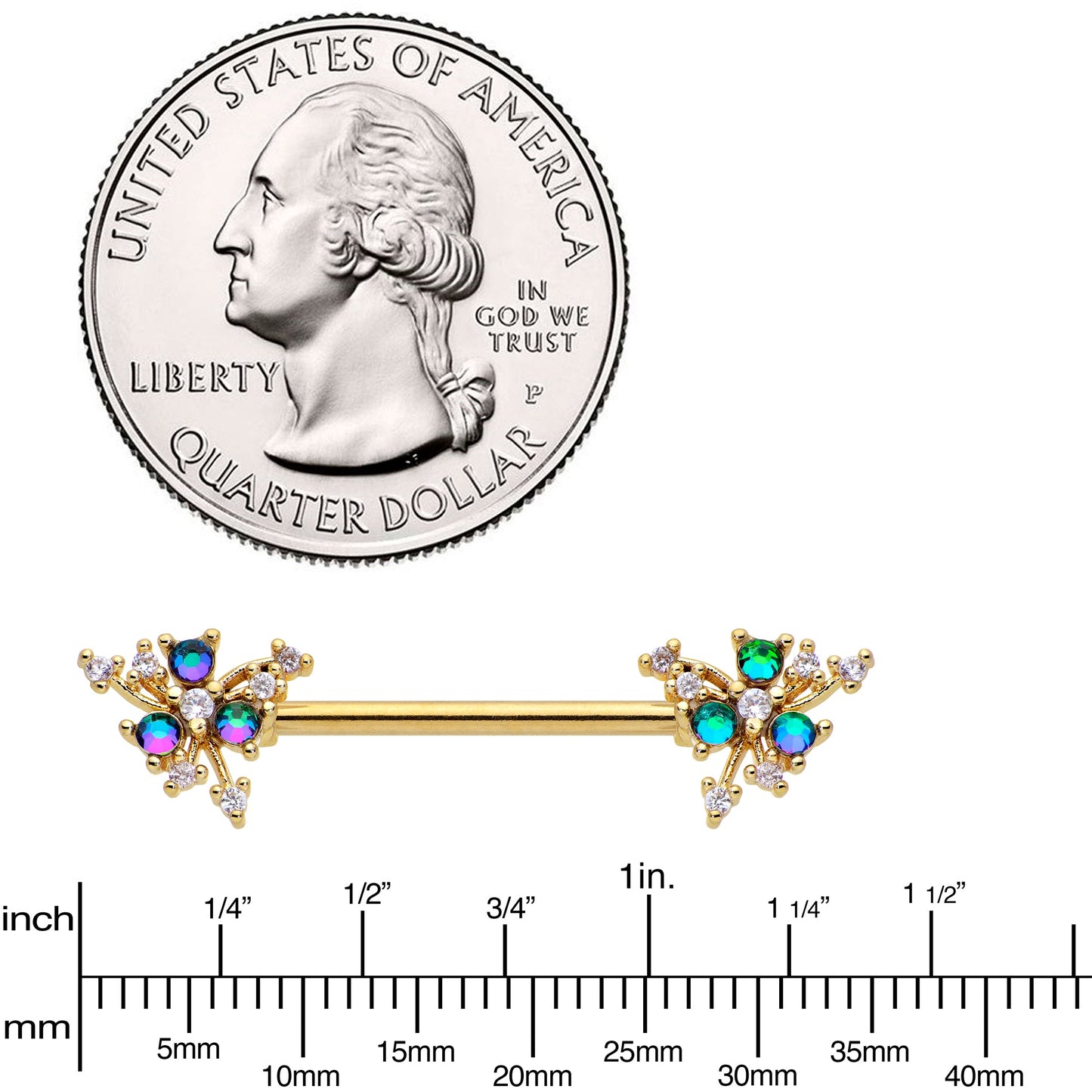 14G 9/16 Purple Tourmaline Gold Tone Spray Nipple Ring Set