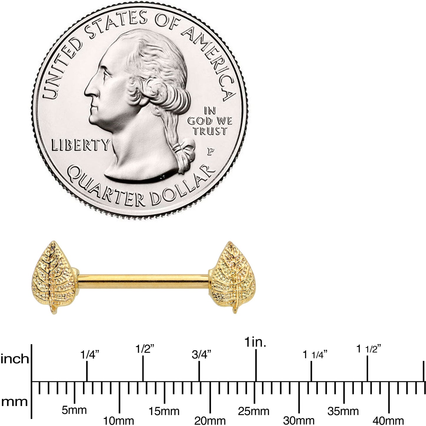 14G 9/16 Gold Tone Autumn Textured Leaf Barbell Nipple Ring Set