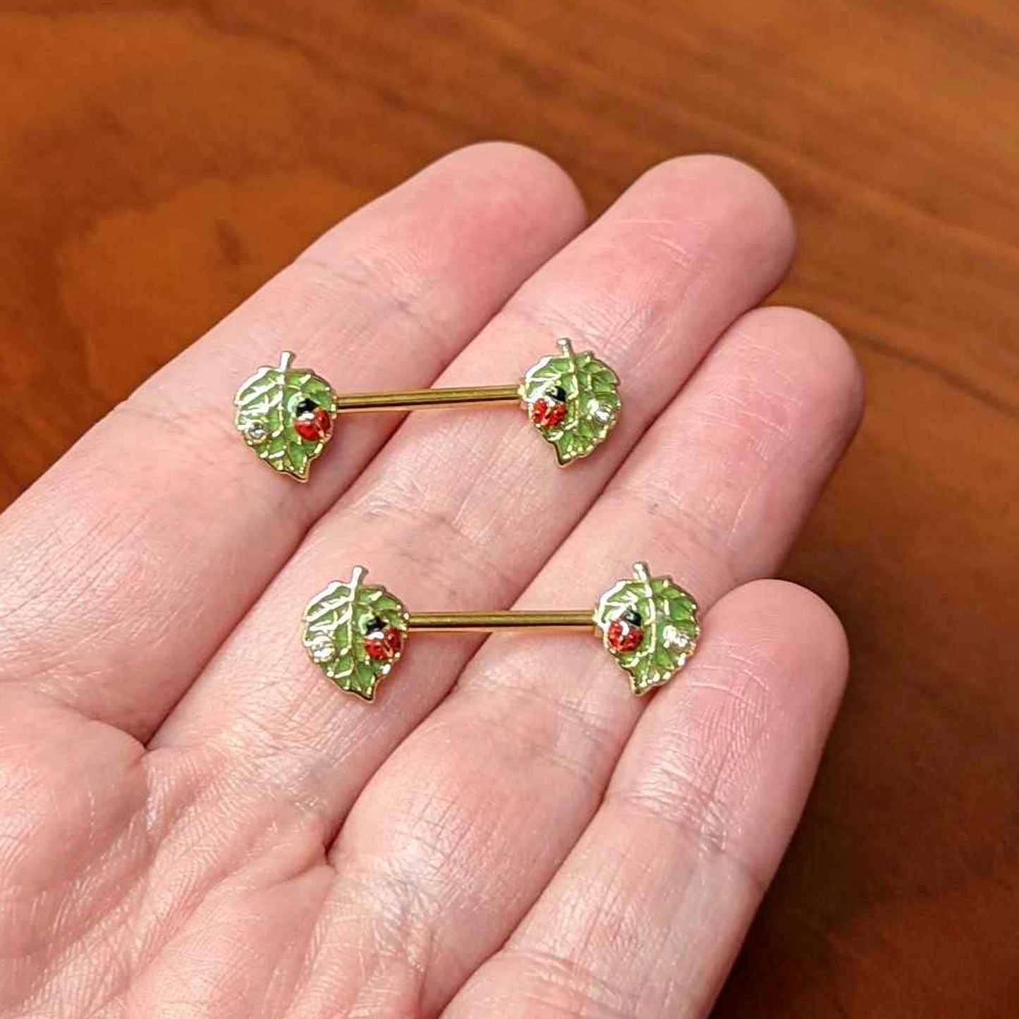 14G 9/16 Clear Gem Gold Hue Leafy Ladybug Barbell Nipple Ring Set
