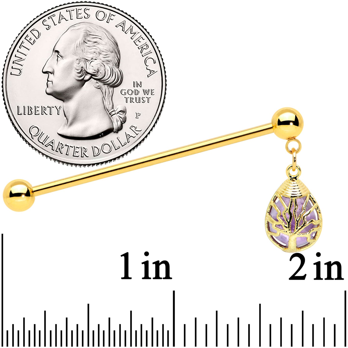 14G Amethyst Gold Tone Drop Tree Dangle Industrial Barbell 38mm