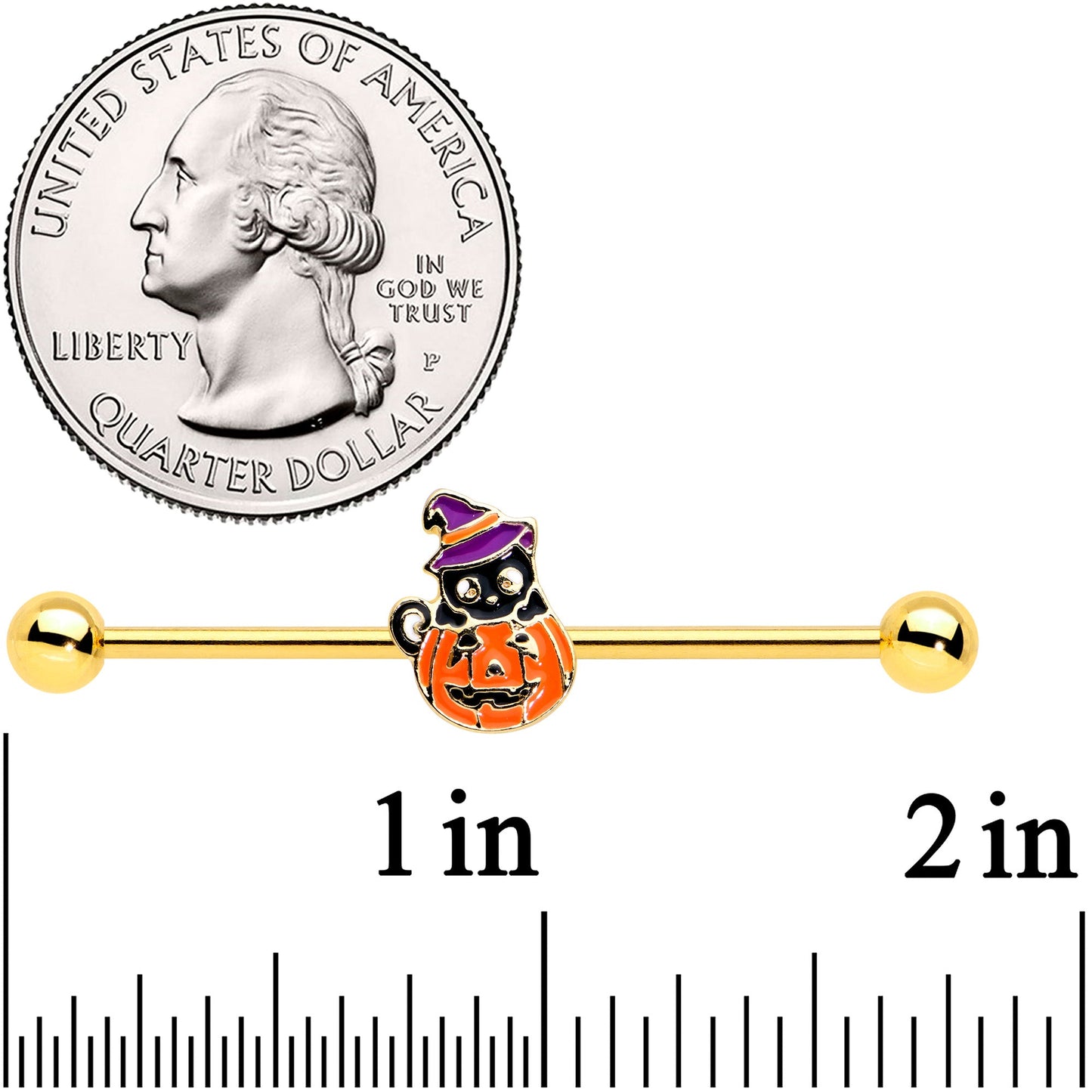 14G Gold Tone Black Cat Witch Halloween Industrial Barbell 38mm