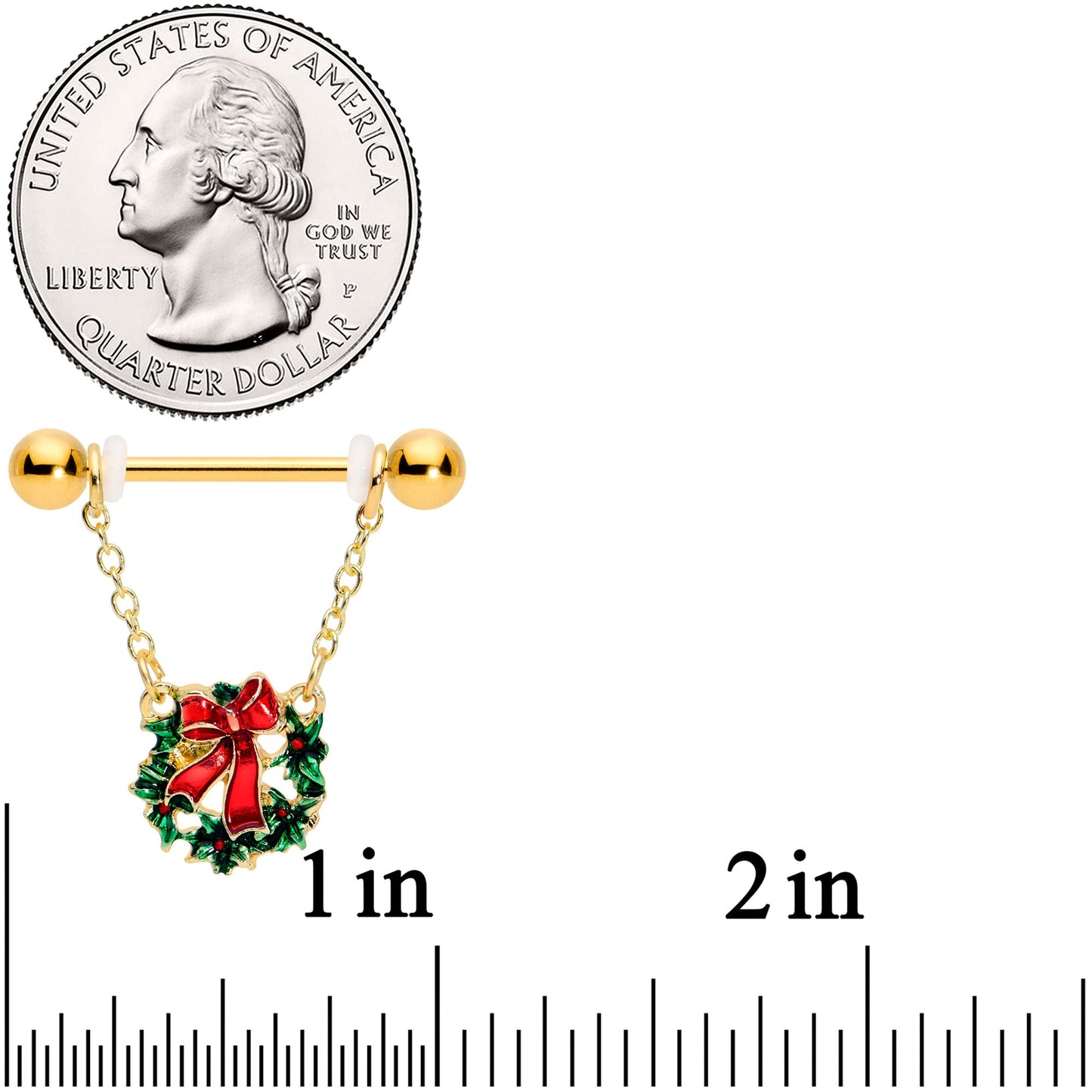 14G 5/8 Gold Tone Festive Wreath Christmas Dangle Nipple Ring Set