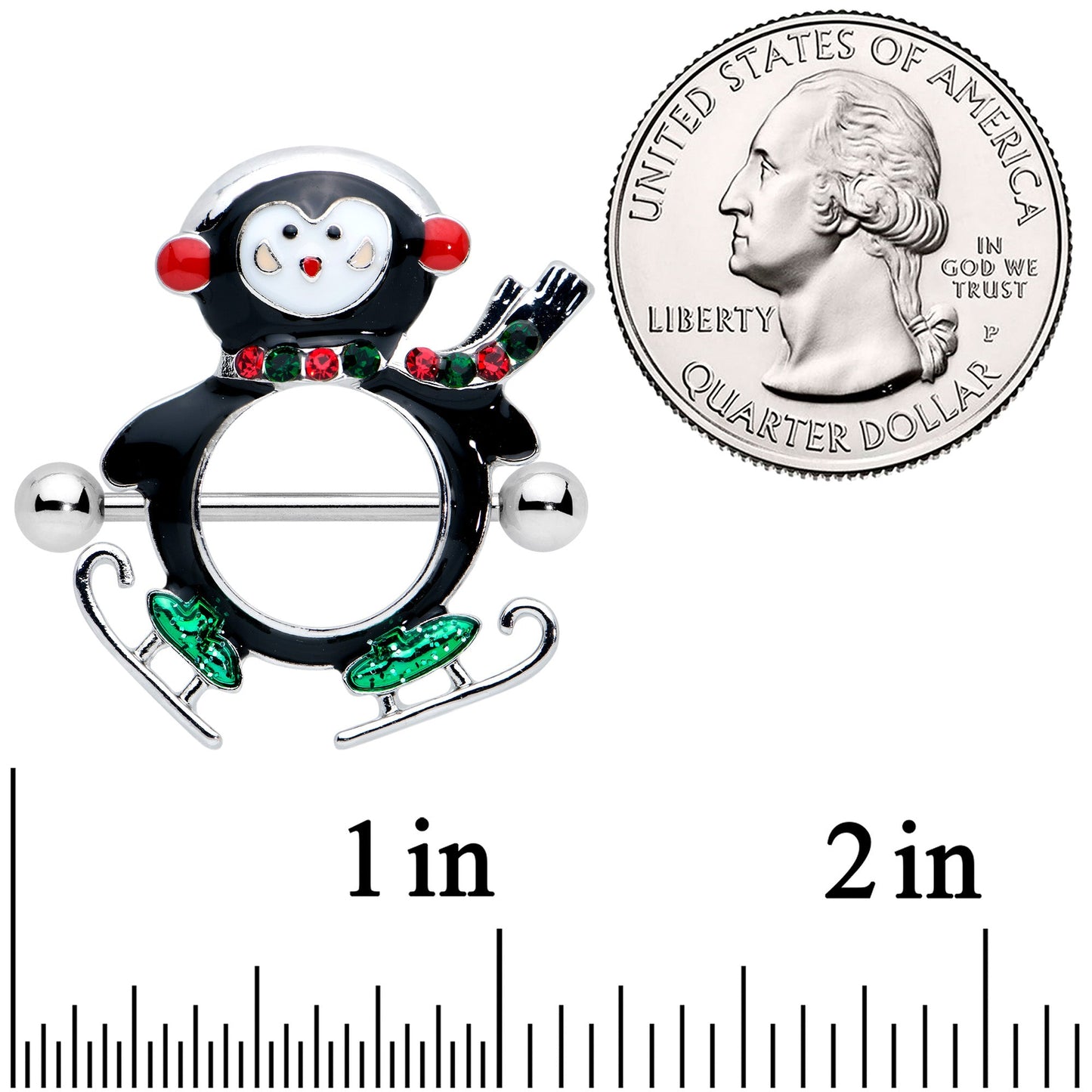 14G 9/16 Red Green Gem Skate Penguin Christmas Nipple Shield Set