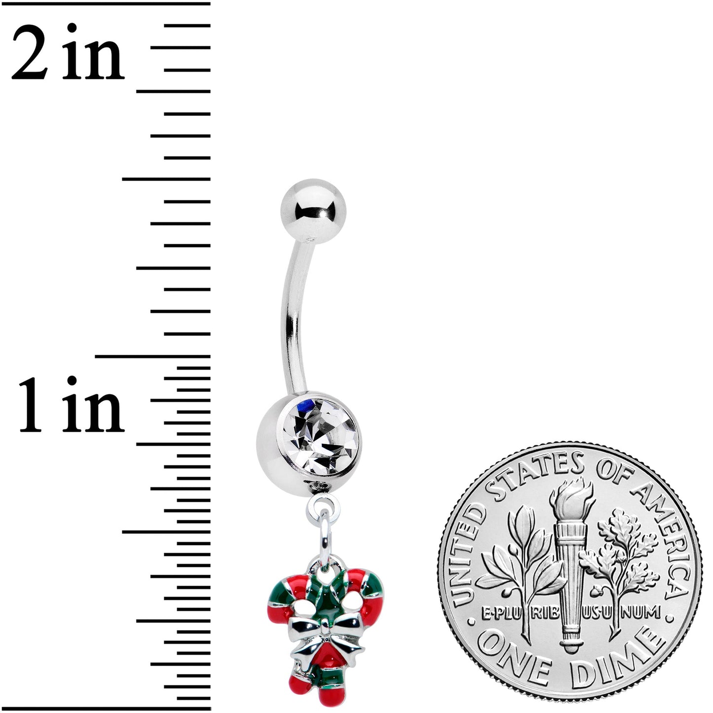Clear Gem Pair of Candy Canes Christmas Dangle Belly Ring