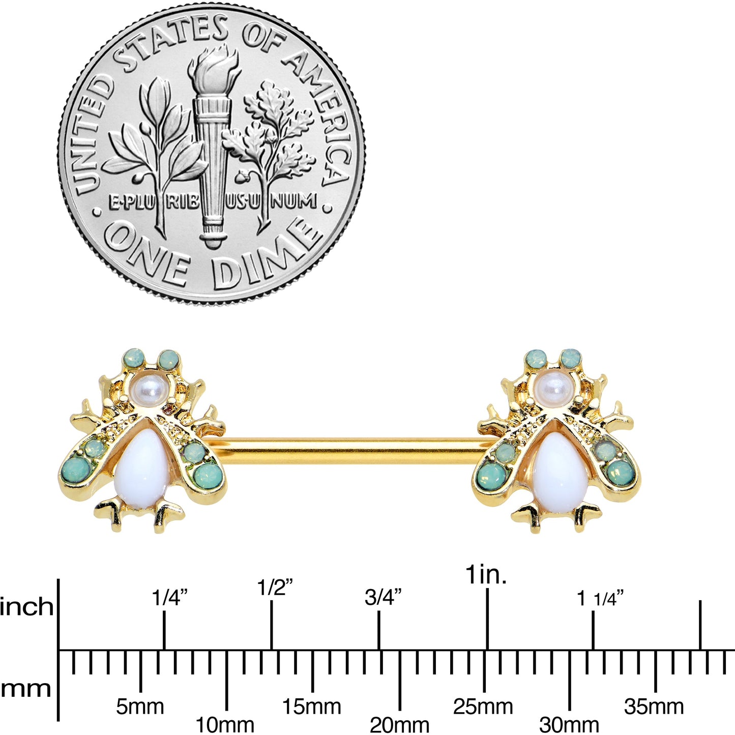 14G 5/8 White Gem Gold Tone Snow Bug Barbell Nipple Ring Set