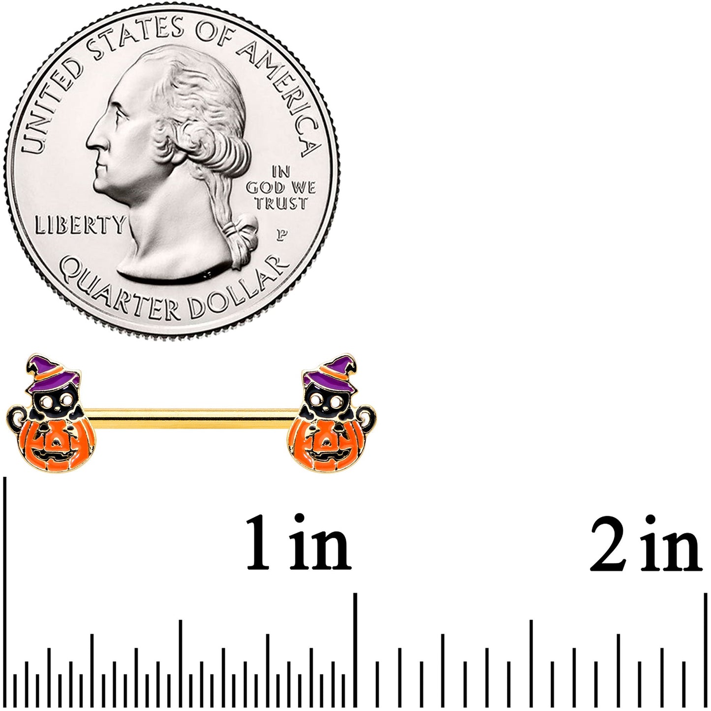 14G 9/16 Gold Hue Black Witch Cat Pumpkin Barbell Nipple Ring Set