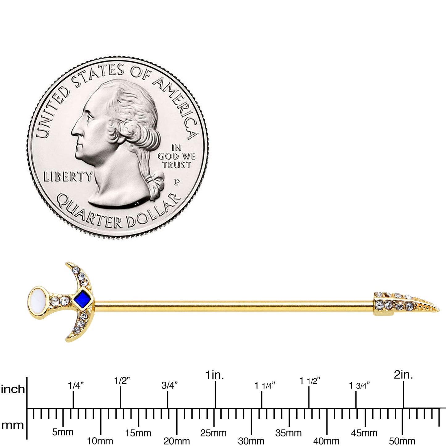 14G Clear Gem Gold Tone Sabre Sword Industrial Barbell 38mm