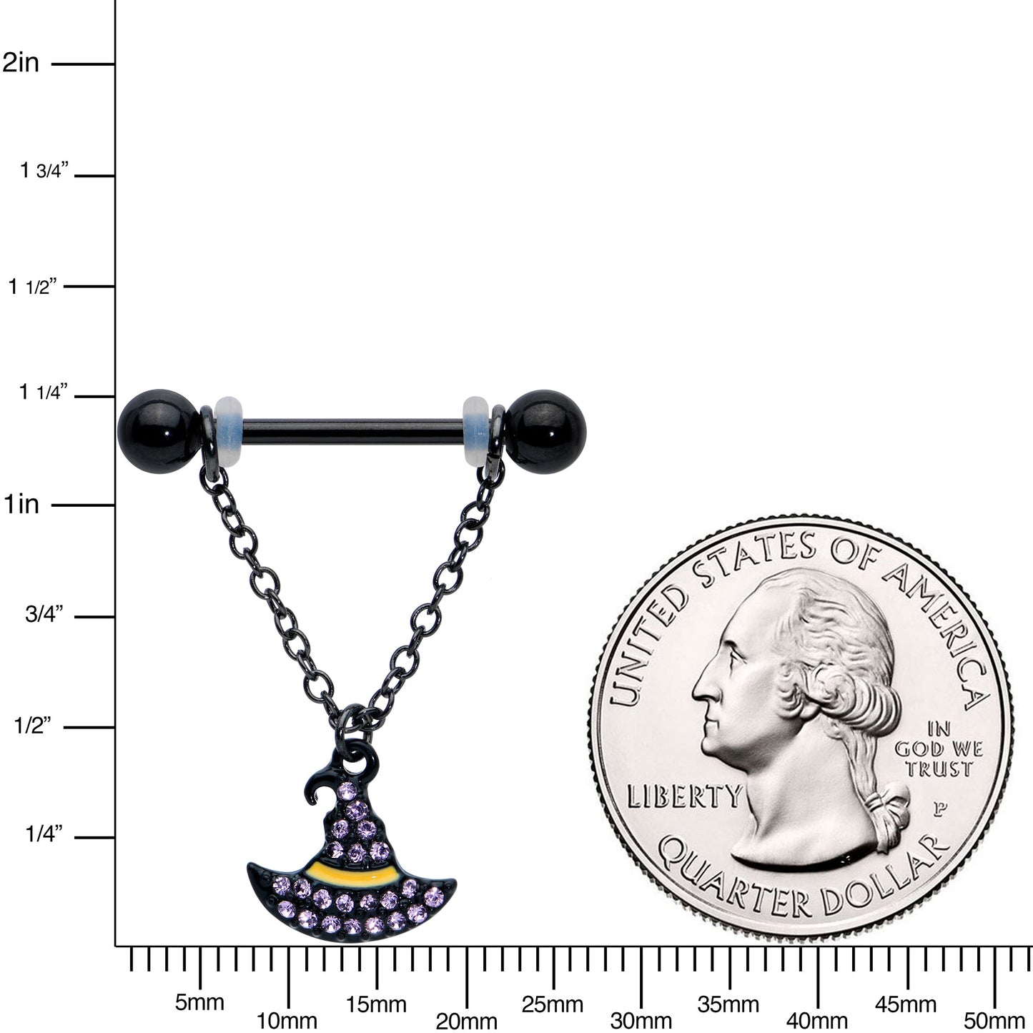 14G 9/16 Clear Gem Black Witch Hat Chain Dangle Nipple Ring Set