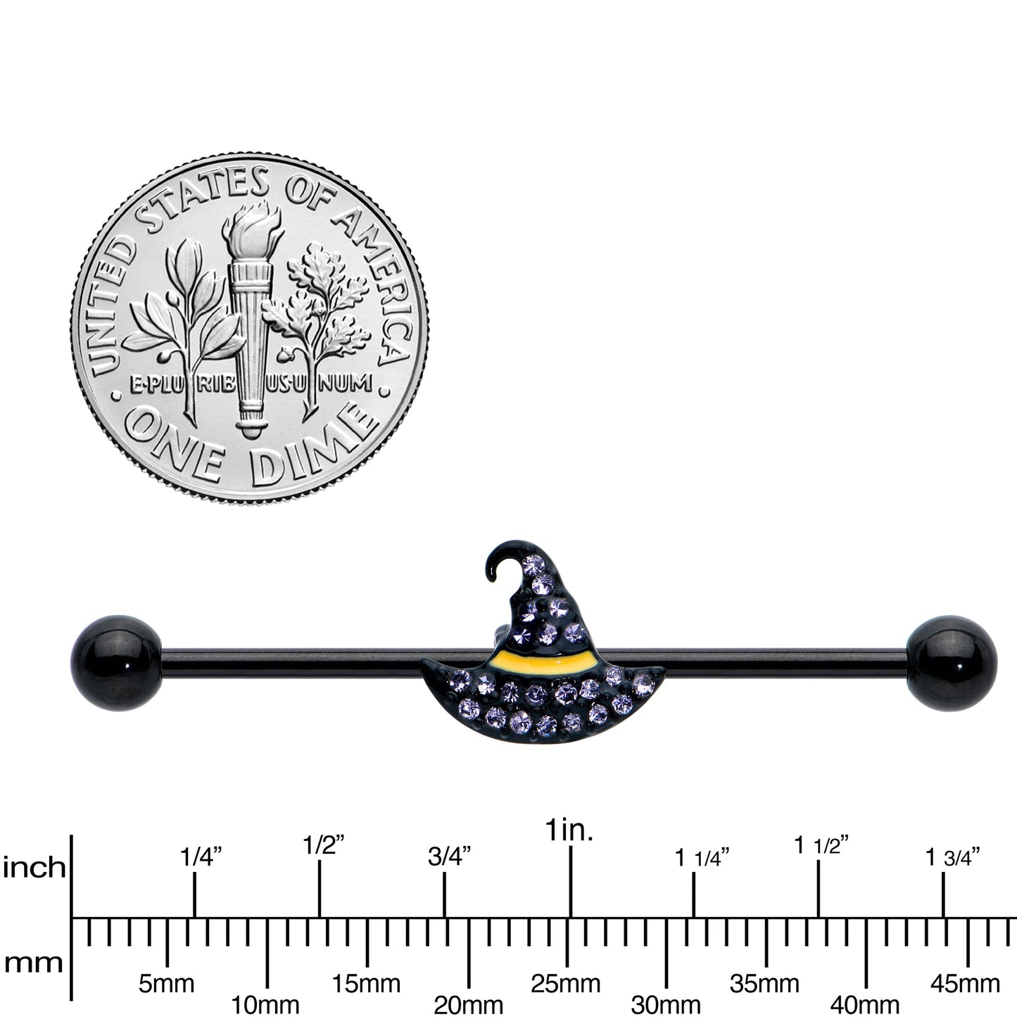 14G Clear Gem Black Witch Hat Halloween Industrial Barbell 38mm