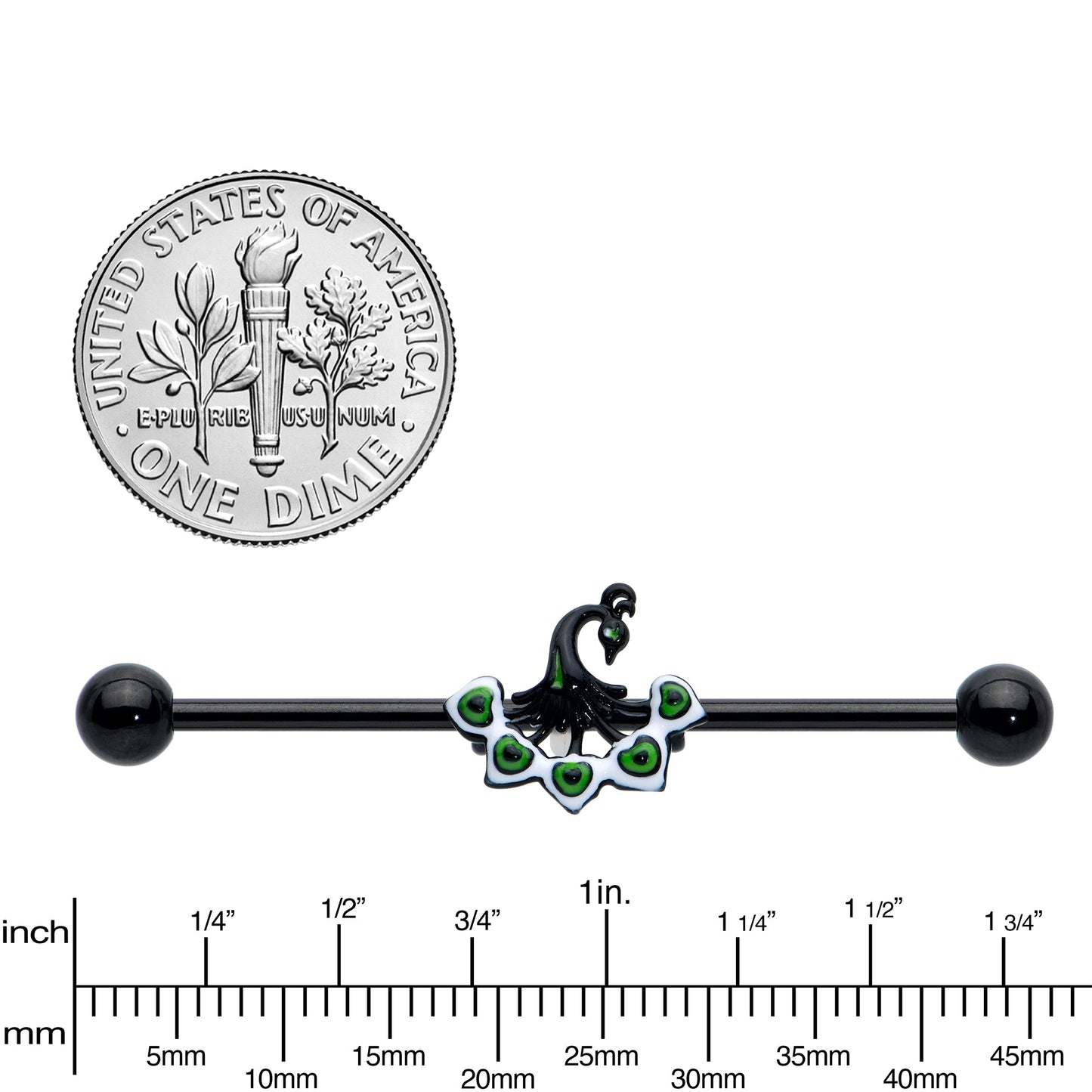 14G Black Green Pretty Peacock Industrial Barbell 38mm