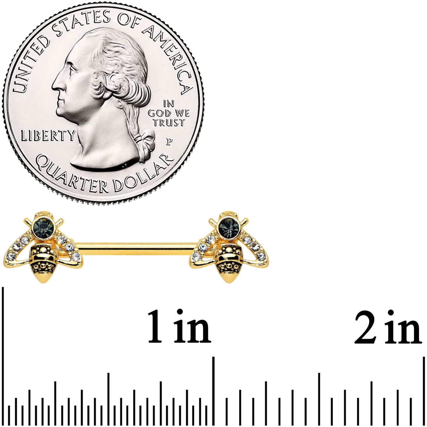 14G 9/16 Clear Black Gem Gold Tone Angular Bee Nipple Ring Set