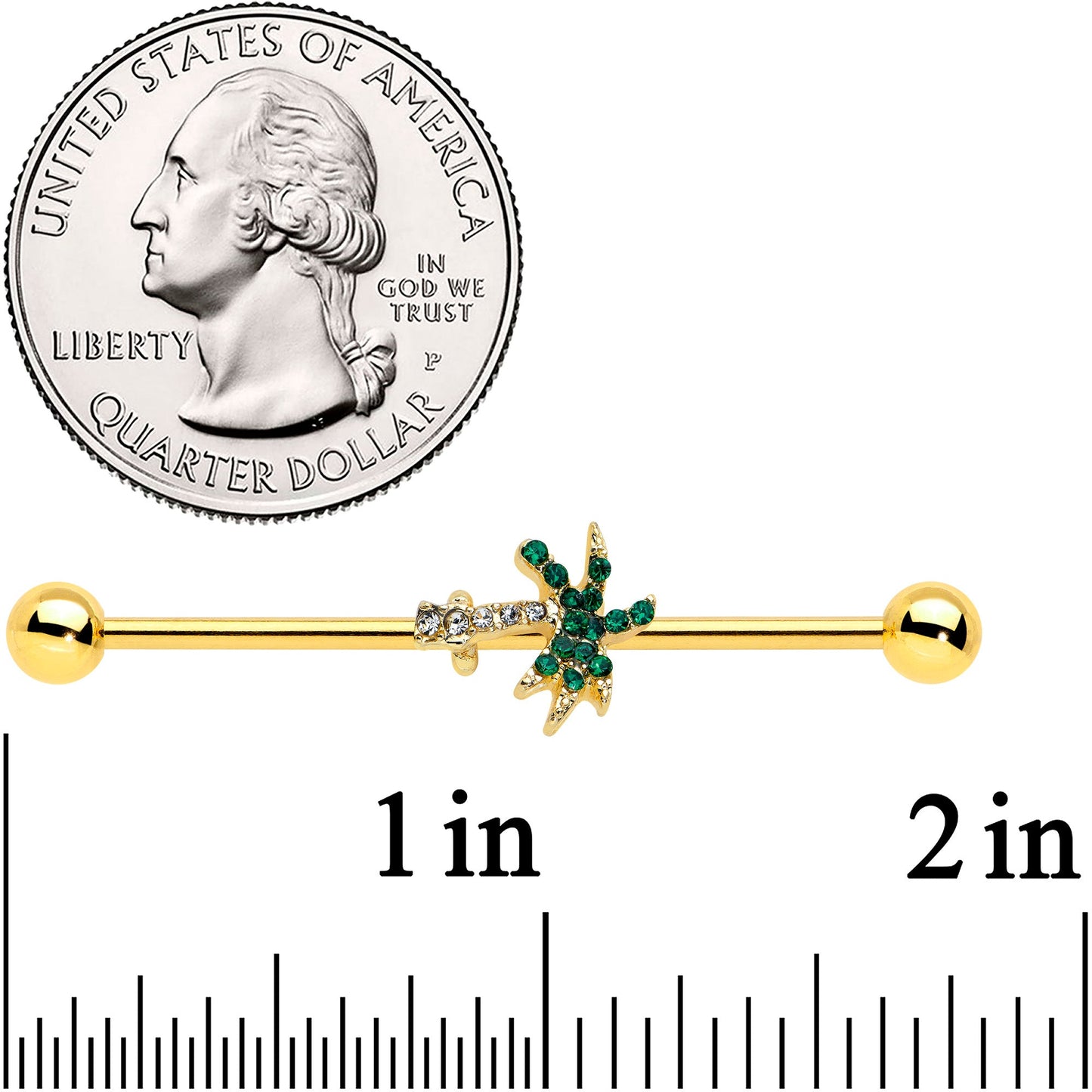 14G Green Gem Gold Tone Tropic Palm Tree Industrial Barbell 38mm
