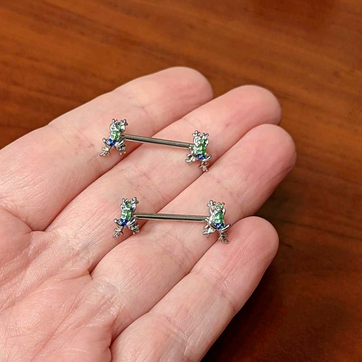 14G 9/16 Clear Gem Polka Dot Frog Barbell Nipple Ring Set