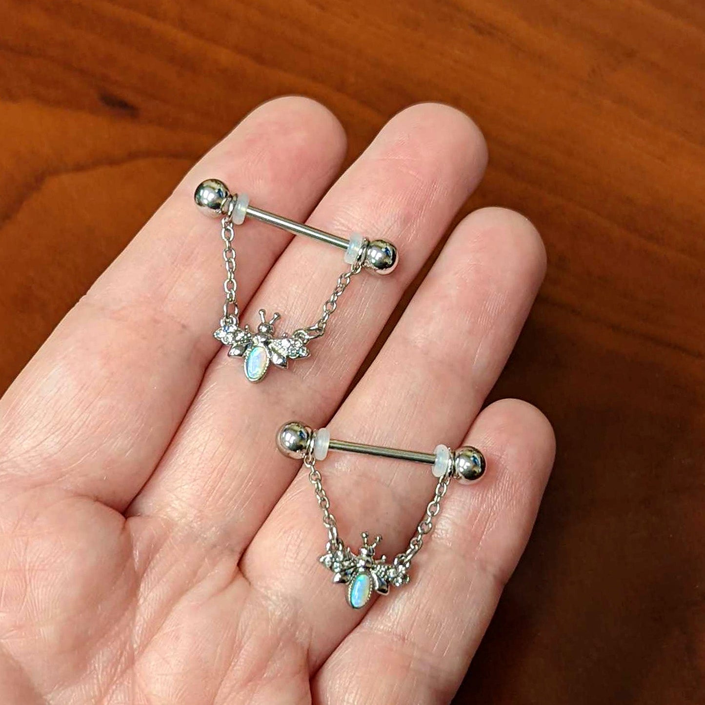 14G 9/16 White Synthetic Opal Chain Dangle Nipple Ring Set