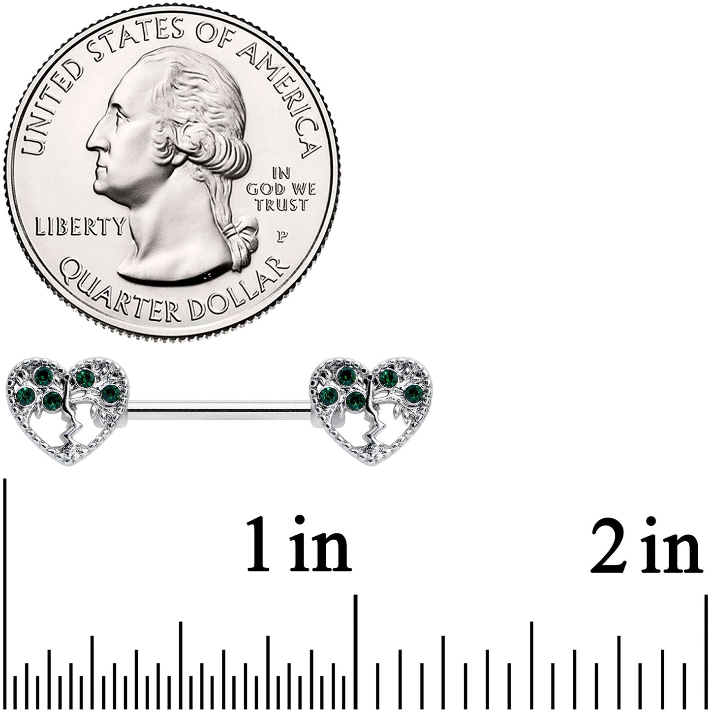 14G 9/16 Green Gem Heart Tree Valentine Nipple Ring Set