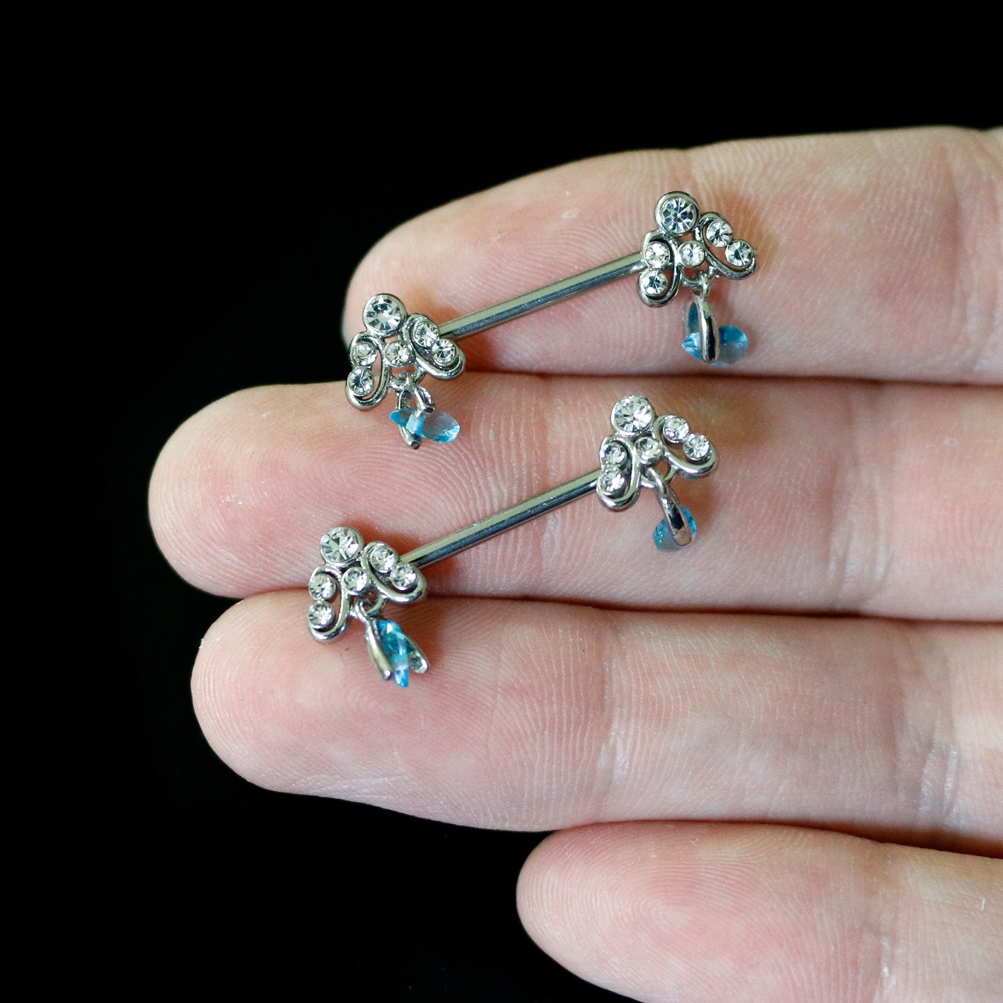 14G 9/16 Blue Gem Scrolling Elegance Dangle Nipple Ring Set