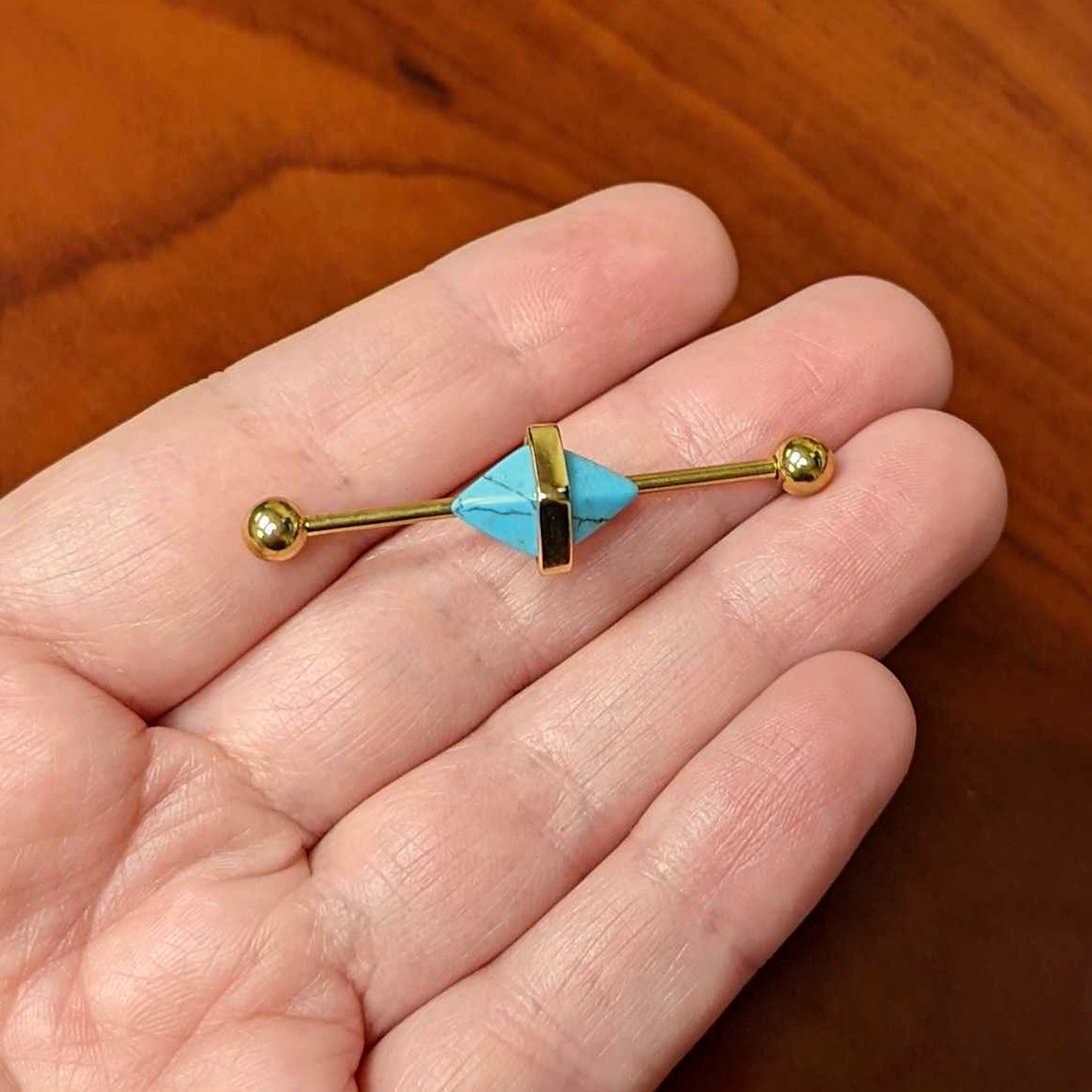 14G Blue Faux Turquoise Gold Tone Stone Hippie Industrial Barbell 38mm