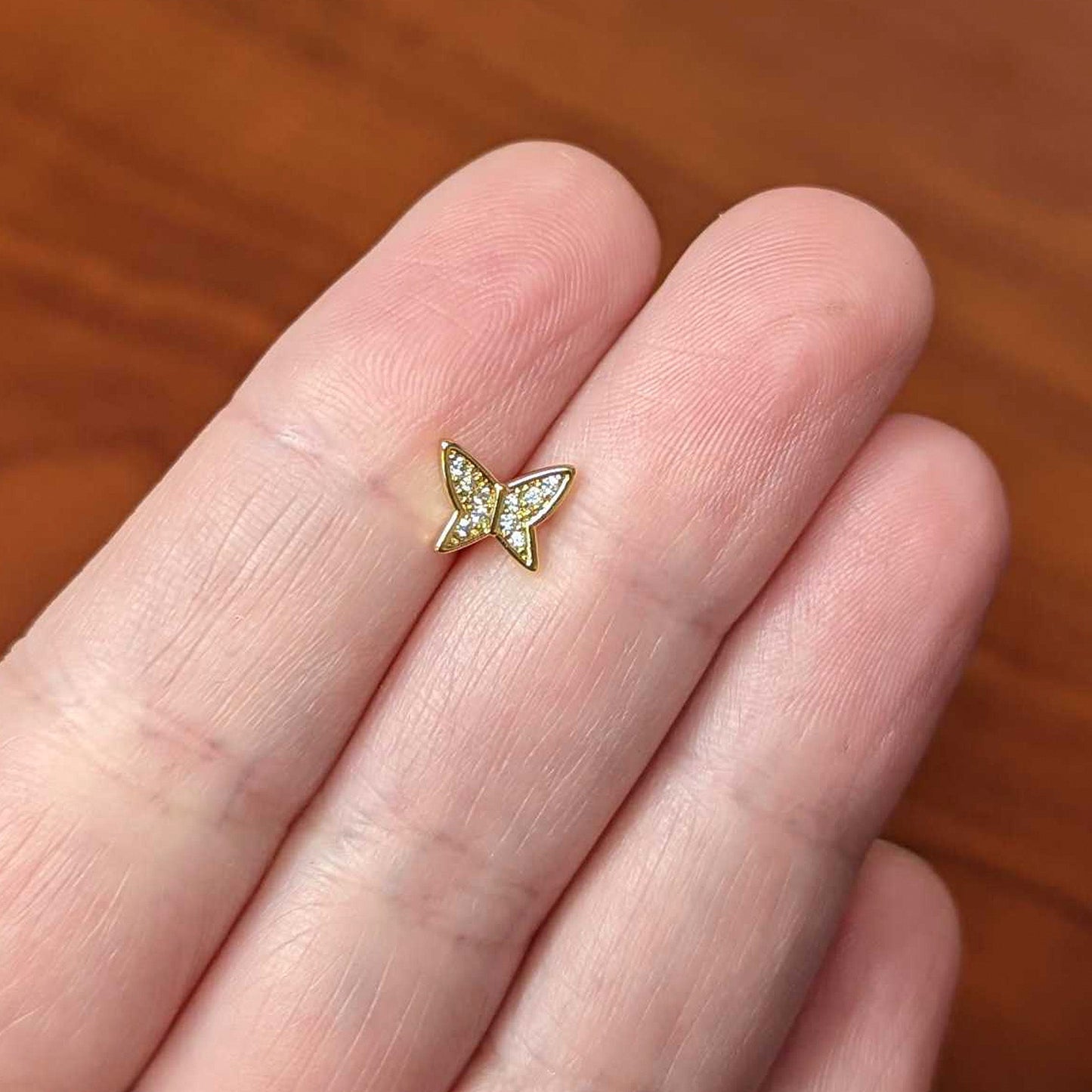 16G 5/16 CZ Gem Gold Hue Butterfly Internal Thread Labret Tragus