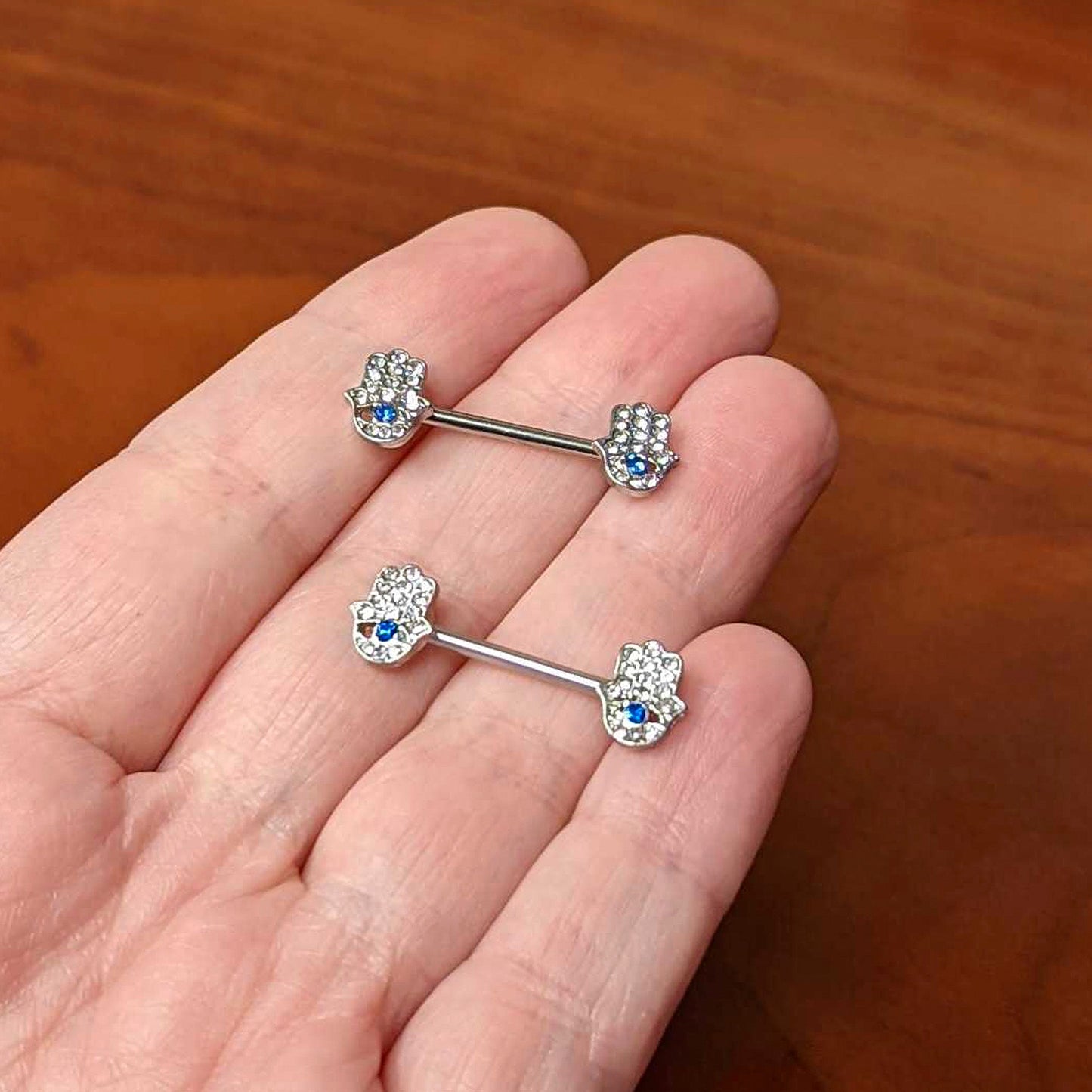 14G 9/16 Clear Blue Gem Eye Hamsa Hand Barbell Nipple Ring Set