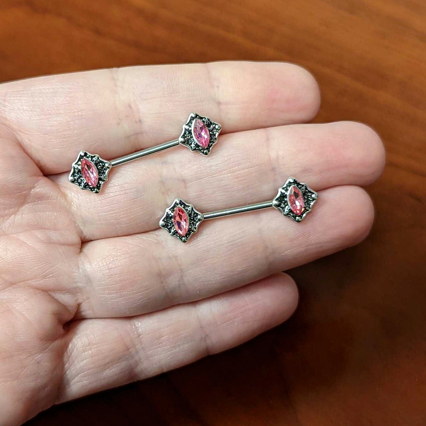 14G 9/16 Pink Gem Rhombus Retro Barbell Nipple Ring Set