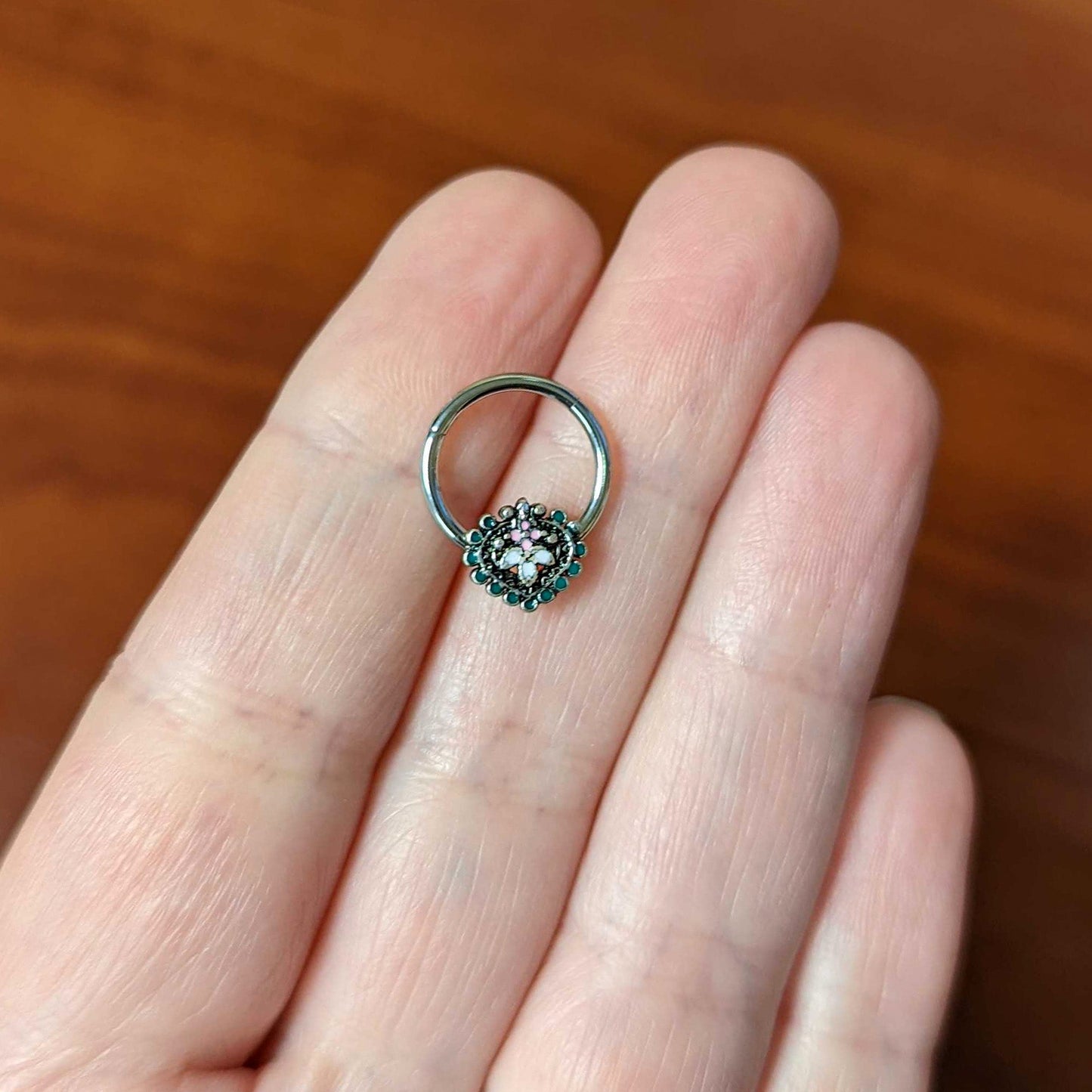 16G 3/8 Stylized Pink Green Abstract Leaf Hinged Segment Ring