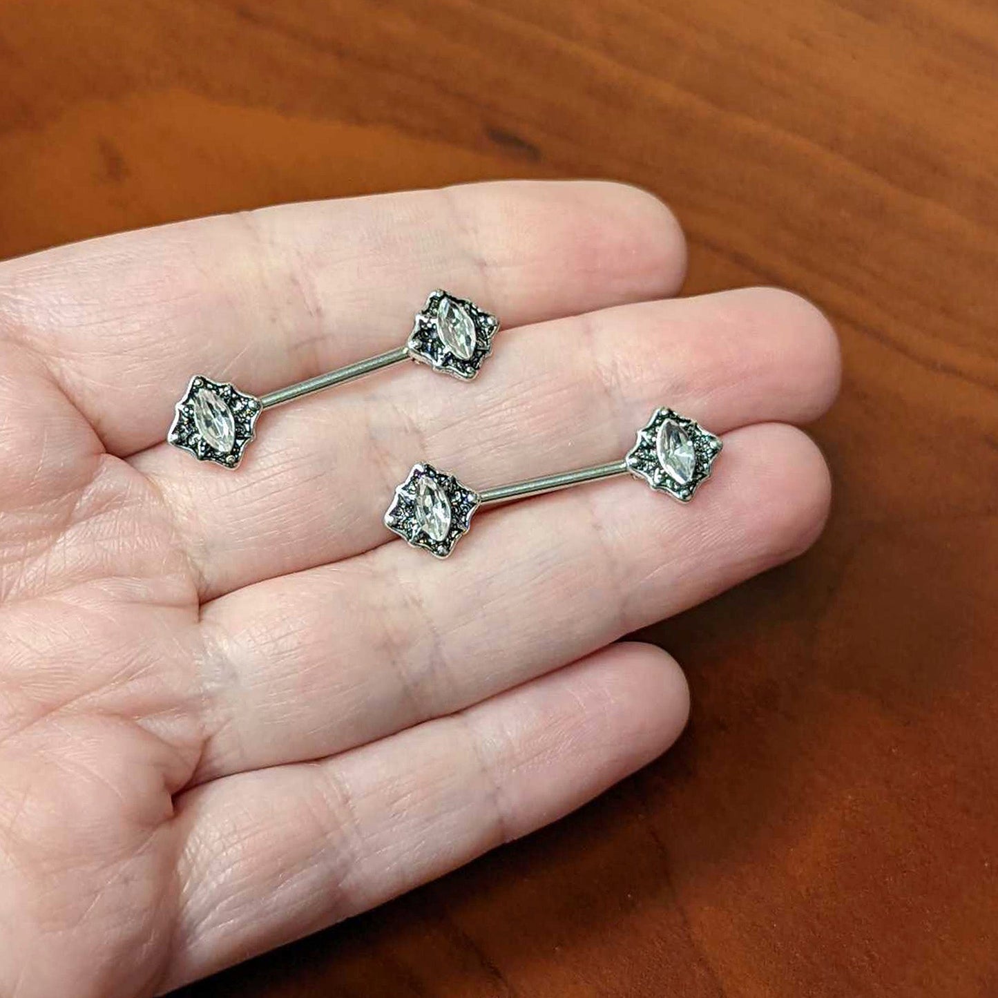 14G 9/16 Clear Gem Rhombus Retro Barbell Nipple Ring Set