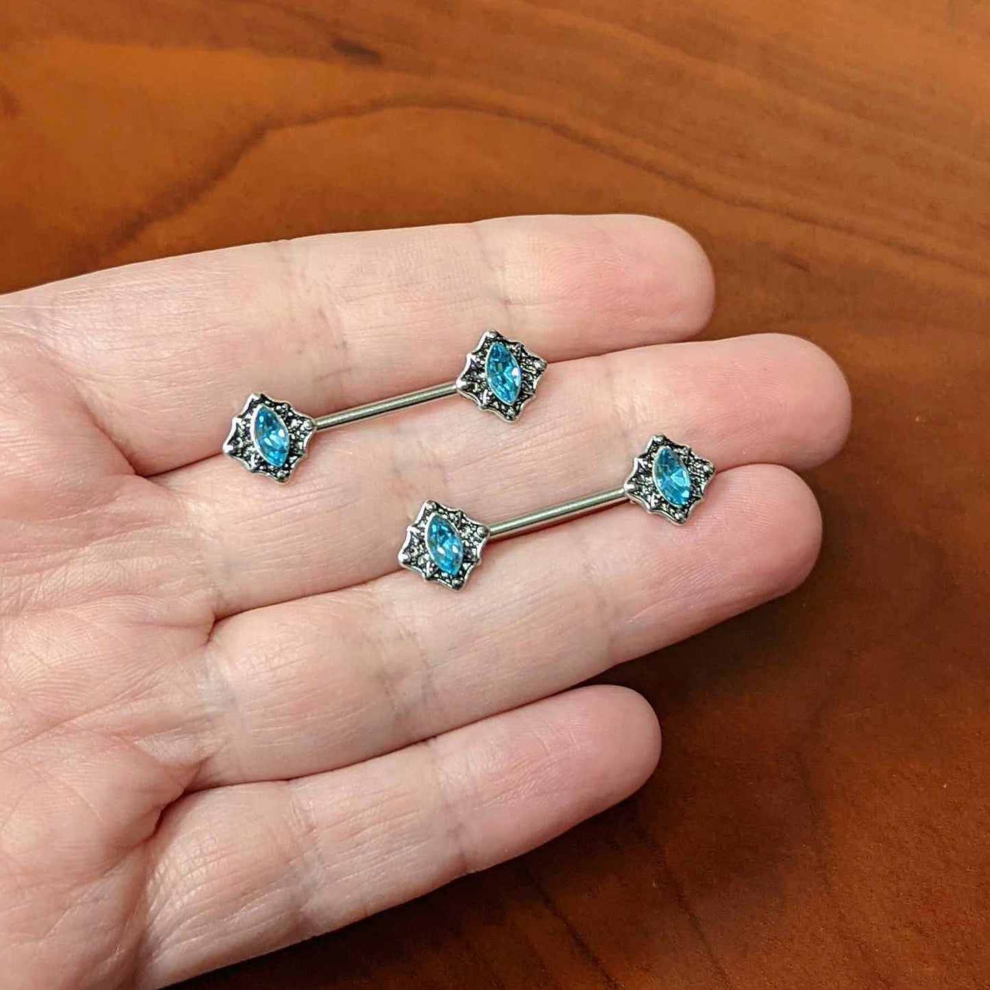 14G 9/16 Blue Gem Rhombus Retro Barbell Nipple Ring Set
