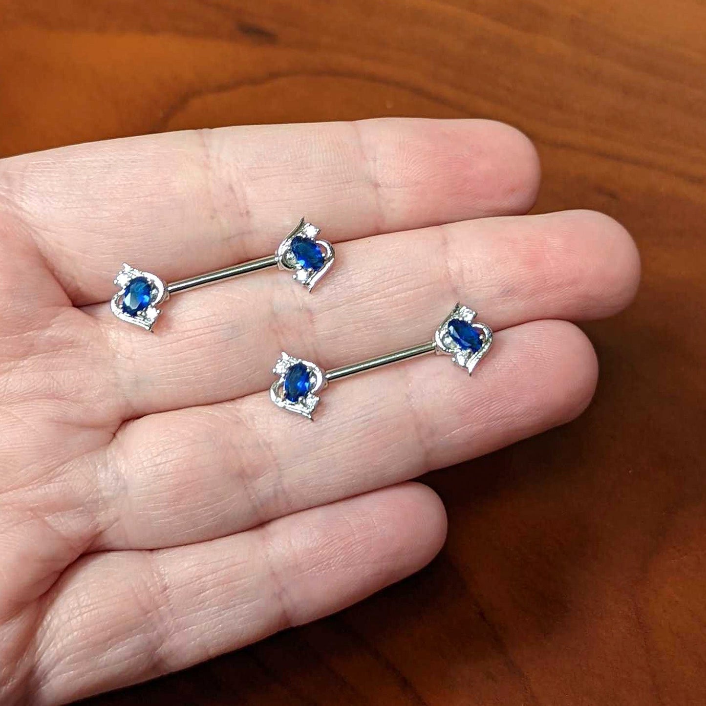 14G 9/16 Clear Blue Gem Oval Swirl Barbell Nipple Ring Set