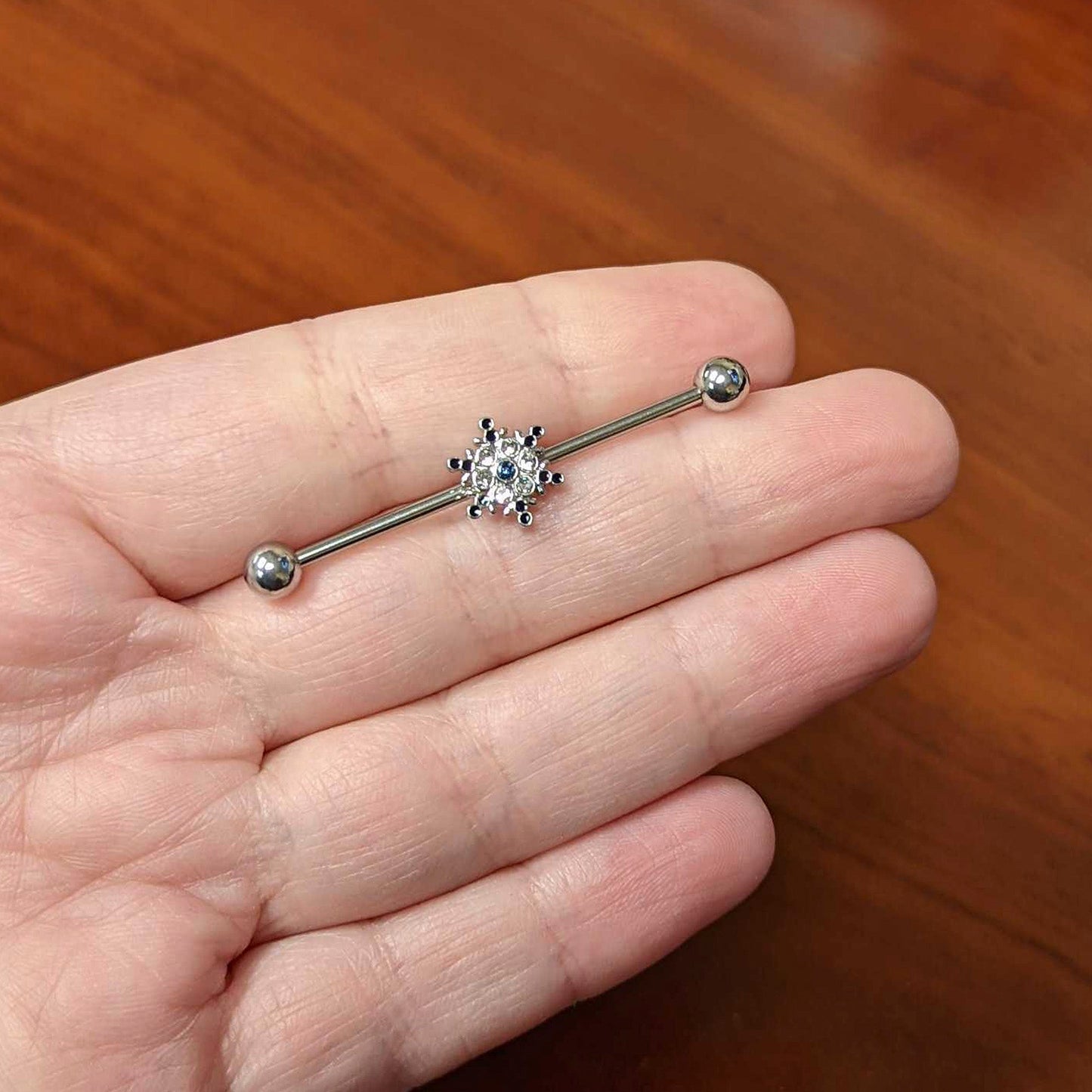 14G Blue Gem Festive Snowflake Christmas Industrial Barbell 38mm