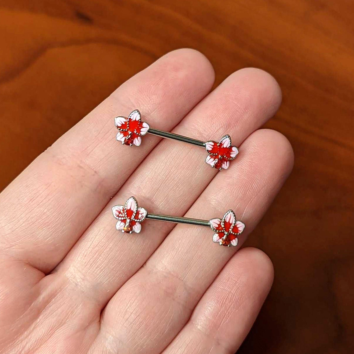 14G 9/16 Red Gem Tropical Flower Barbell Nipple Ring Set