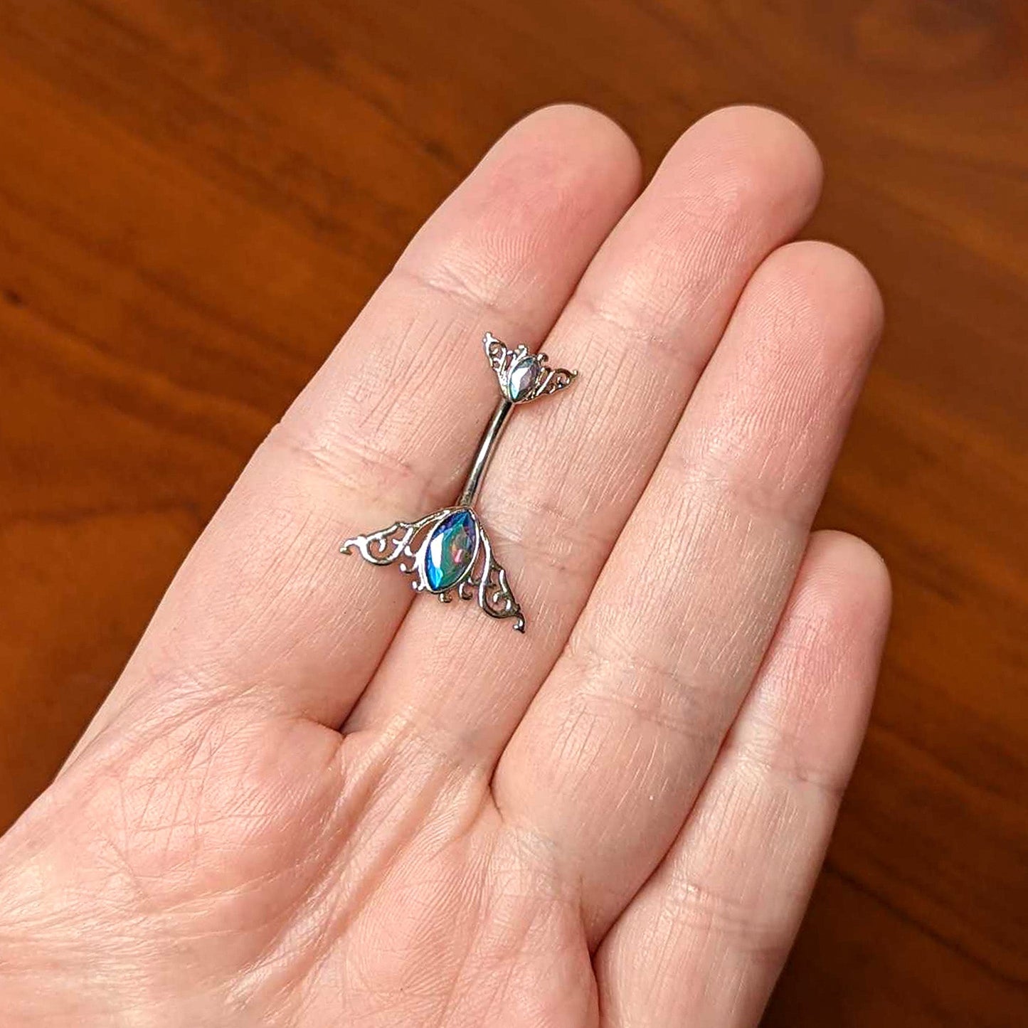 Aurora Gem Art Deco Scrollwork Ovals Double Mount Belly Ring