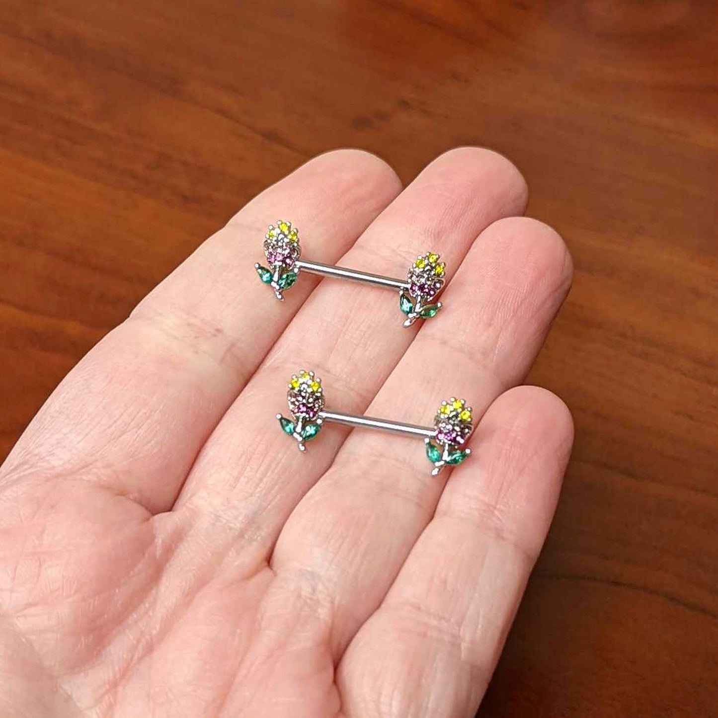 14G 9/16 Green Pink Gem Mardi Gras Flower Barbell Nipple Ring Set