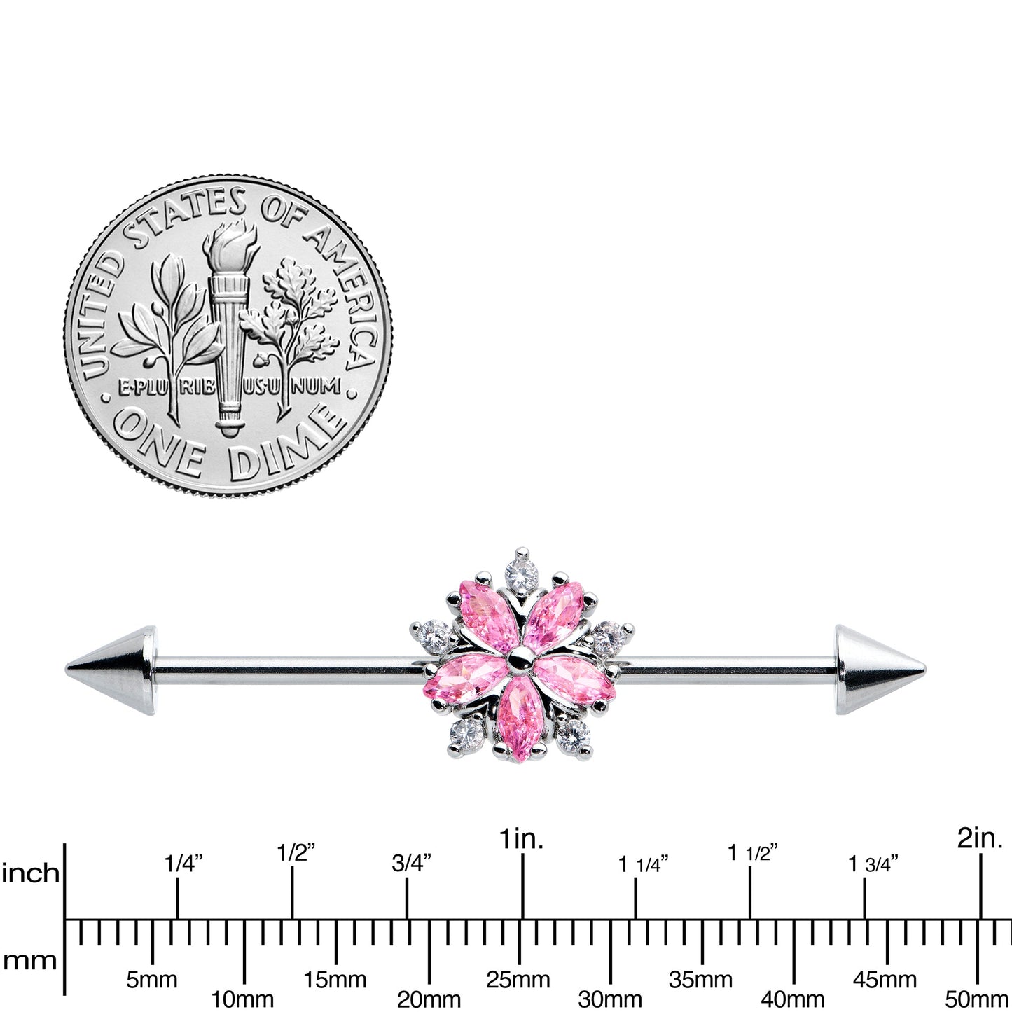 14G Pink CZ Gem Floral Baroque Burst Cone Industrial Barbell 38mm
