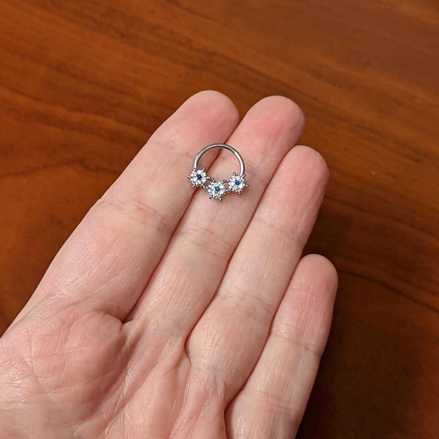 16G 3/8 Clear Blue Gem Festive Trio Snowflake Hinged Segment Ring