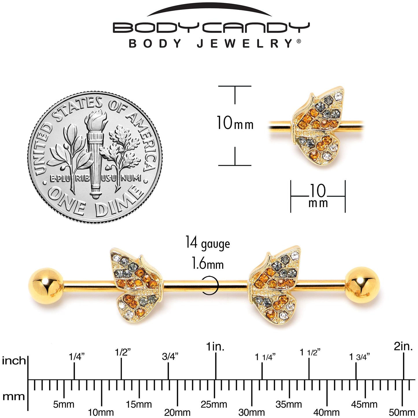 14G Orange Gem Gold Tone Butterfly Wings Industrial Barbell 38mm