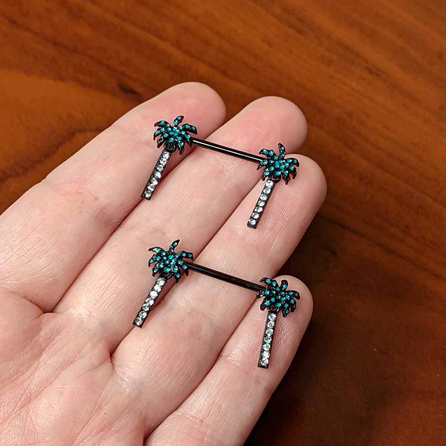 14G 9/16 Clear Gem Black Night Palm Tree Dangle Nipple Ring Set