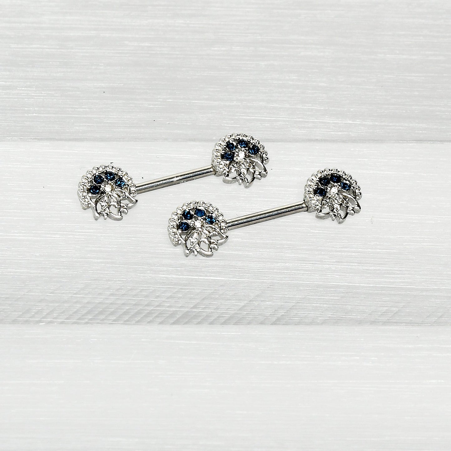 14G 1/2 Blue Clear Gem Abstract Arch Barbell Nipple Ring Set