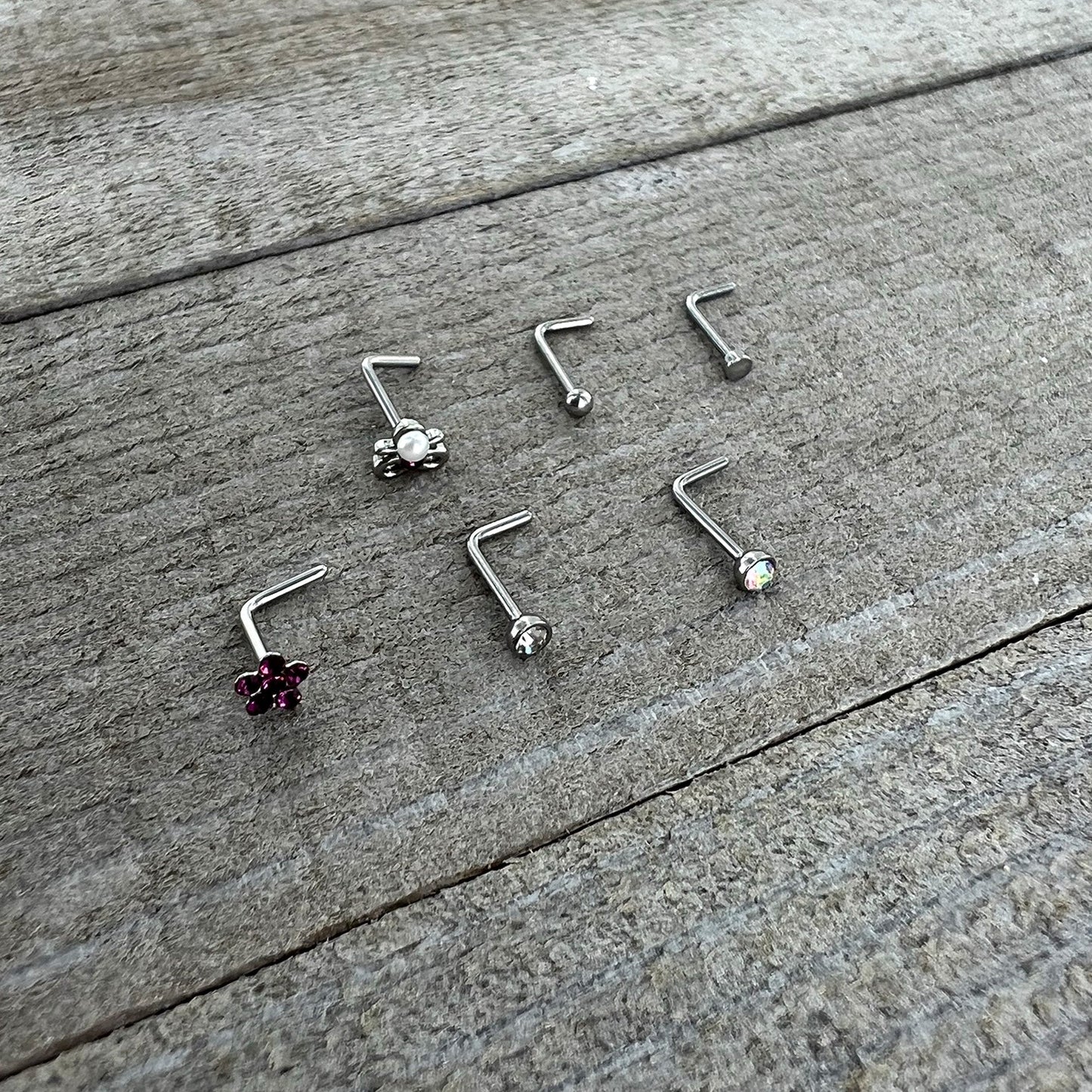 20G 1/4 Aurora Purple CZ Gem Flower Bow L Shape Nose Ring Set of 6