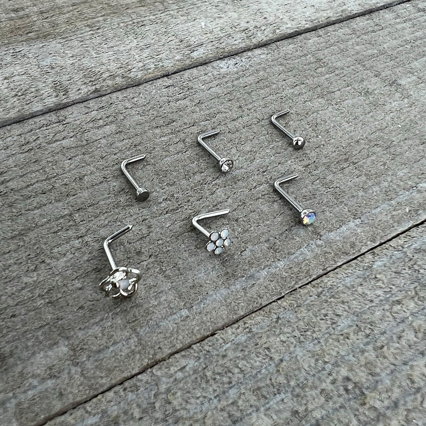 20G 1/4 Clear CZ Gem Flower Disc L Shape Nose Ring Set of 6