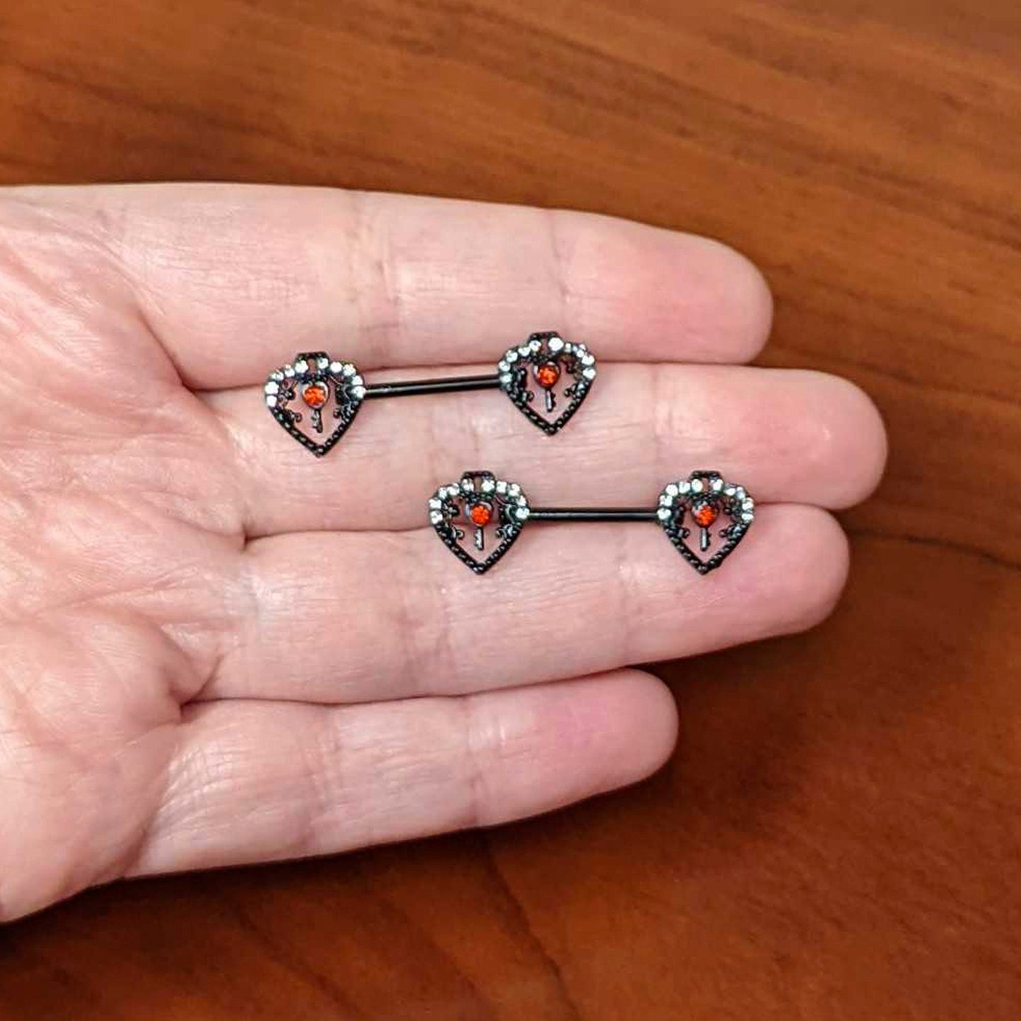 14G 9/16 Red Clear Gem Black Key Heart Barbell Nipple Ring Set