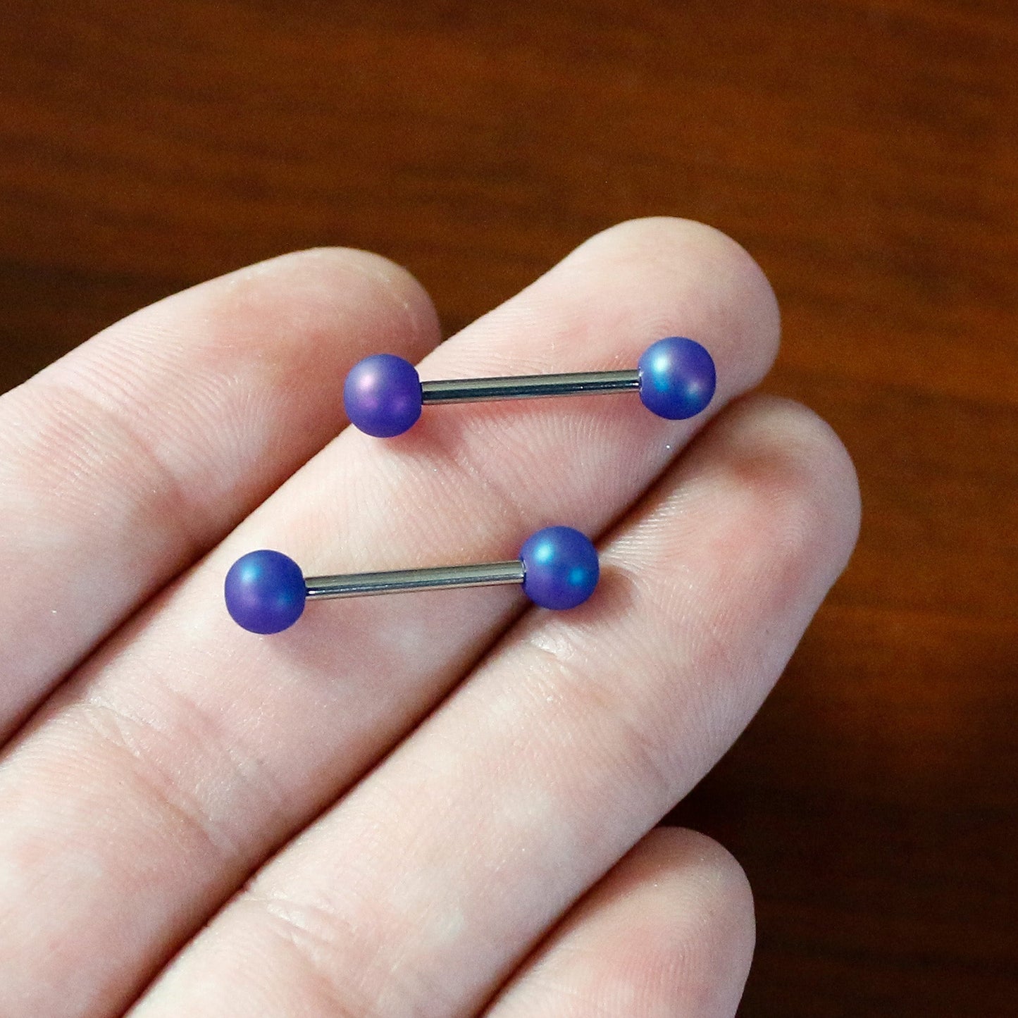 14G 9/16 Matte Blue Aurora Barbell Nipple Ring Set