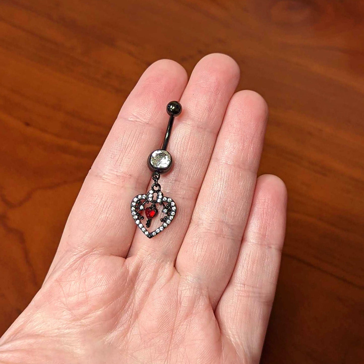 Clear Red Gem Black Heart Key Valentines Dangle Belly Ring